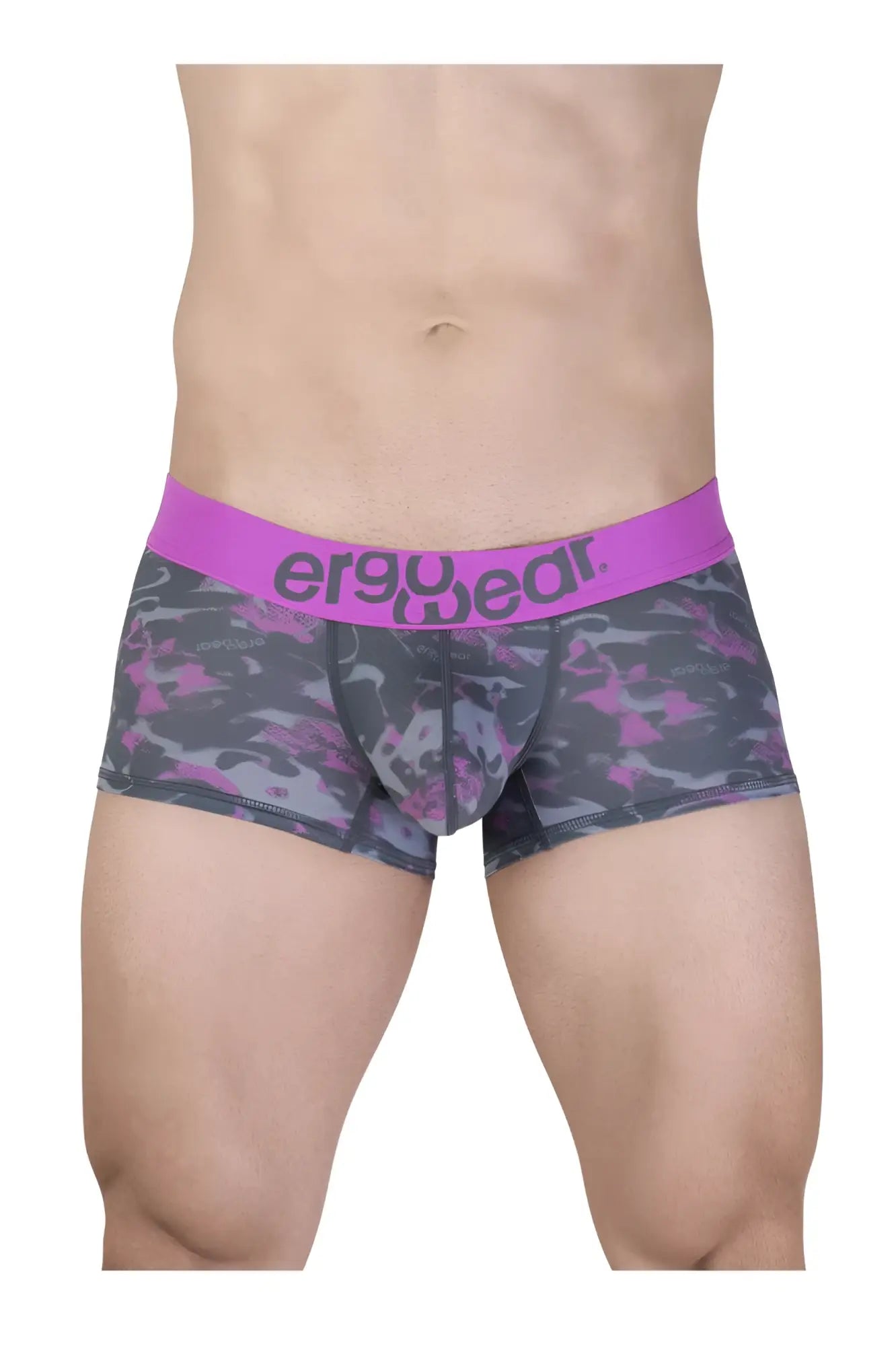 Purple and gray camouflage patterned men’s briefs with bright pink ergowear waistband ergo wear ew1716 max se camo trunks
