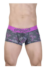 Purple and gray camouflage patterned men’s briefs with bright pink ergowear waistband ergo wear ew1716 max se camo trunks