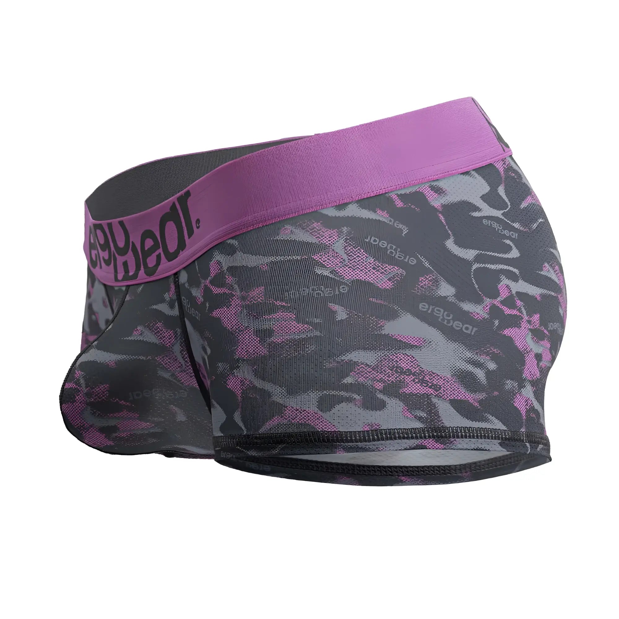 Purple and gray camouflage men’s boxer briefs with solid purple waistband featuring ergy wear branding pink trunk color