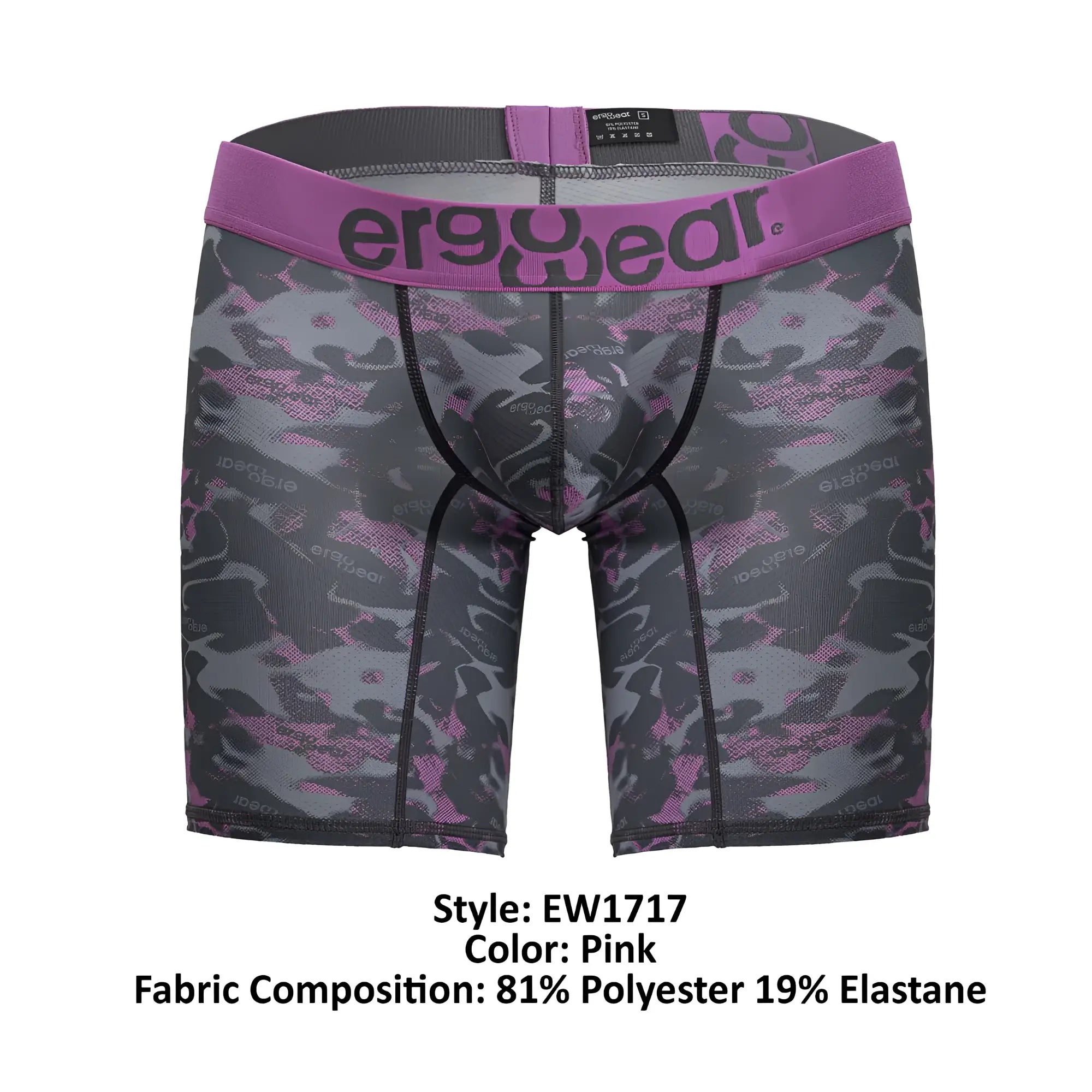 Pink camouflage-patterned ergowear ew1717 max se camo boxer briefs with purple waistband for comfortable support