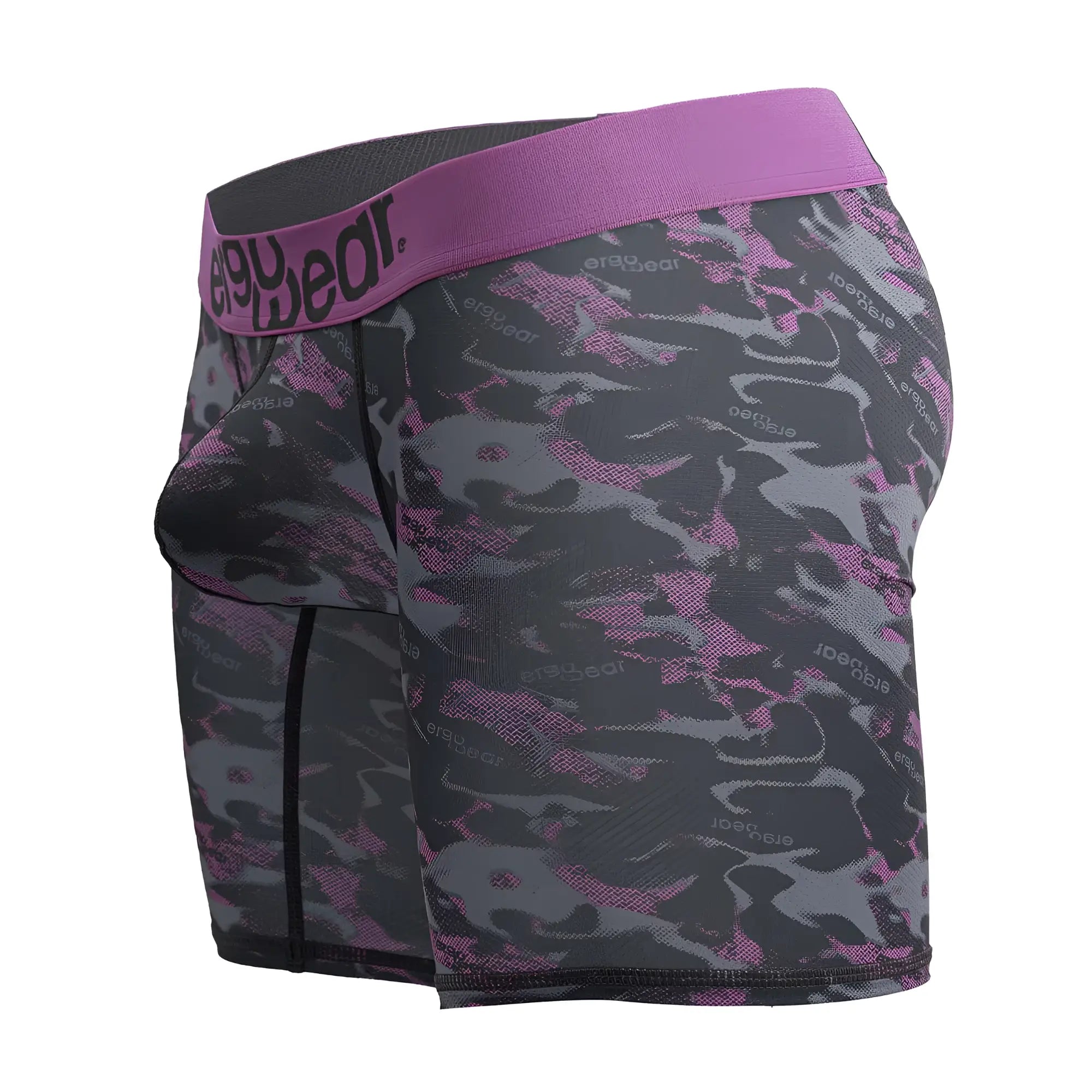 Purple and gray camouflage men’s boxer briefs with branded elastic waistband from ergowear ew1717 max se camo series