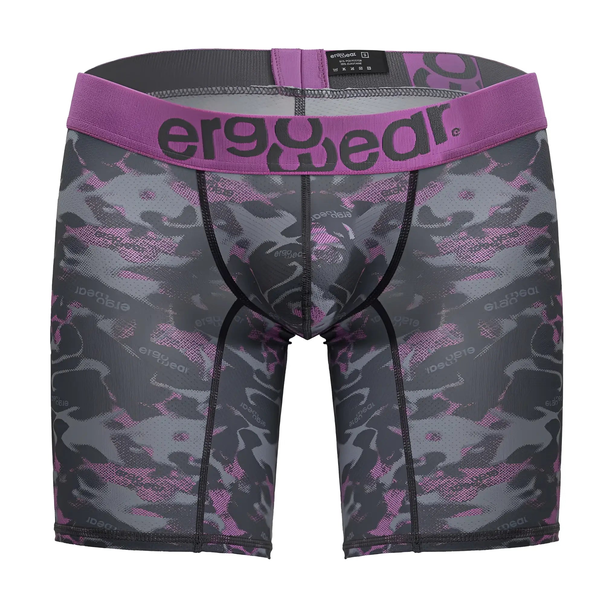 Purple and gray camouflage men’s boxer briefs with ergowear logo waistband in pink color for comfortable support