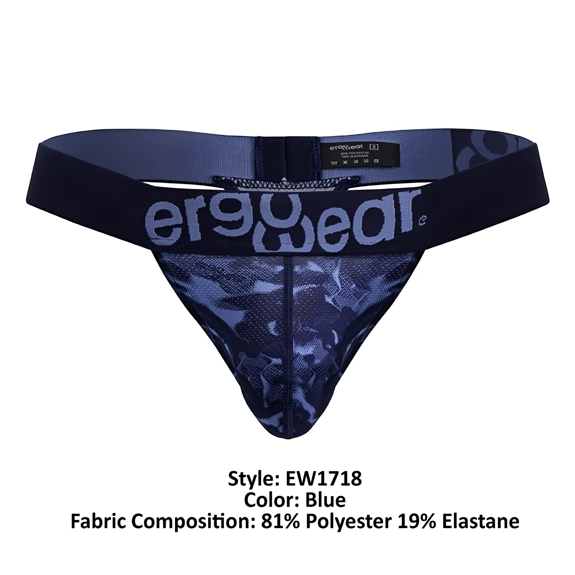 Blue ergowear ew1718 max se camo g-string thong with dark blue camouflage mesh and elastic waistband shown from the back