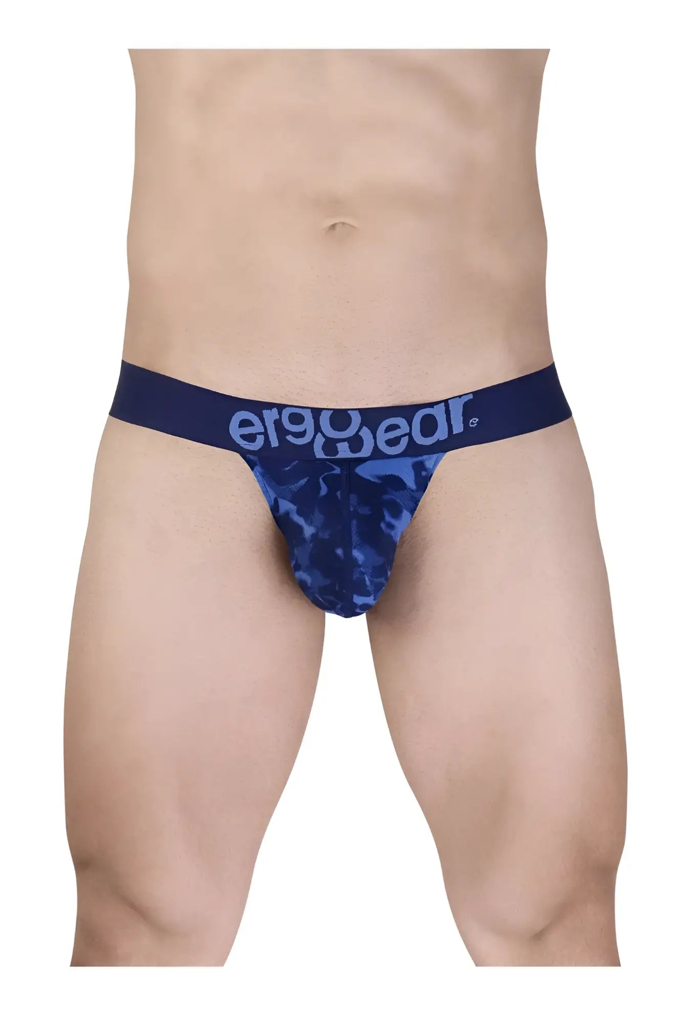 Navy blue camouflage men’s briefs with ergonomic fit and matching ergowear waistband for comfortable support