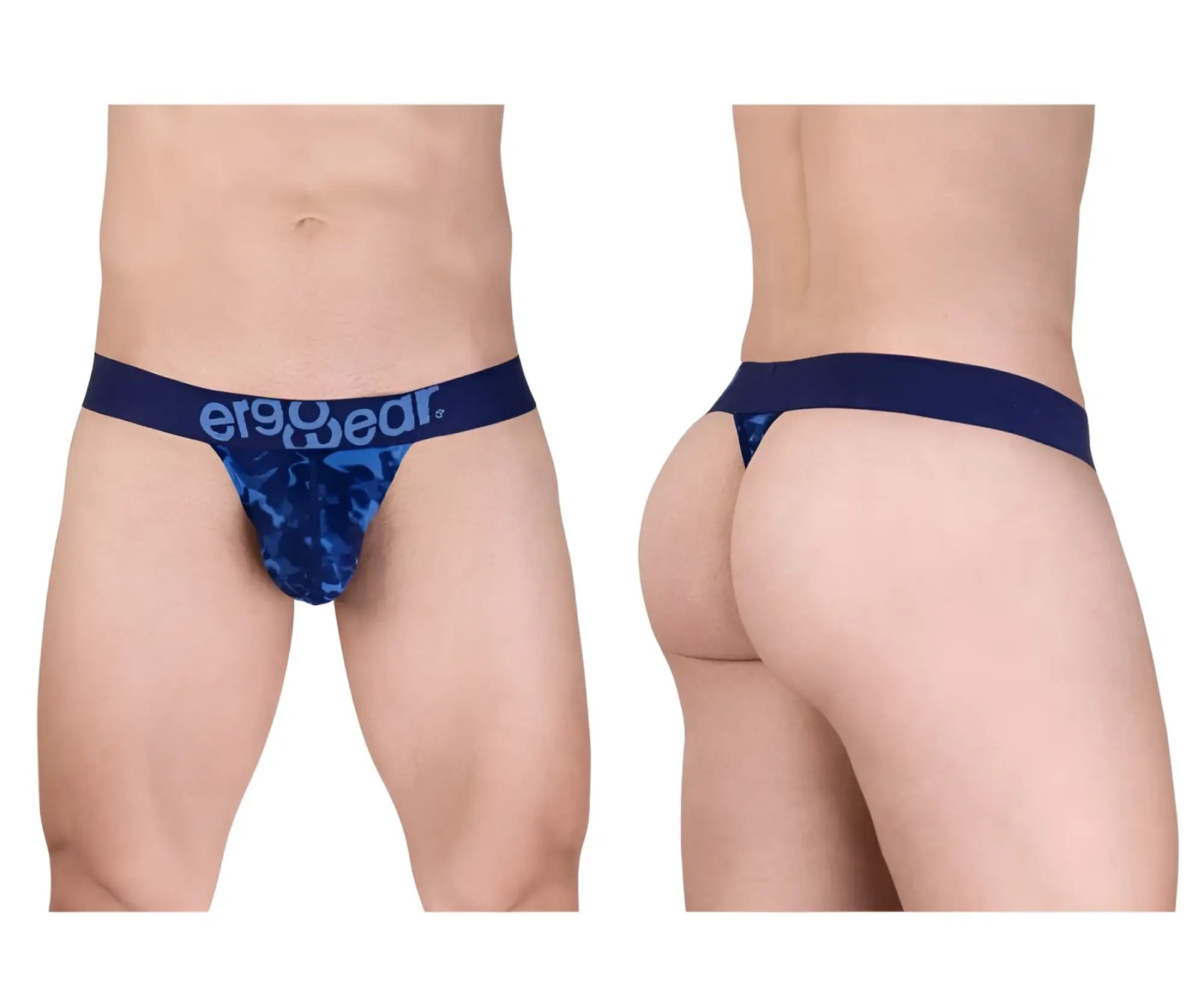 Navy blue camouflage pattern thong with ergowear branding on waistband ew1718 max se camo g-string color blue back view