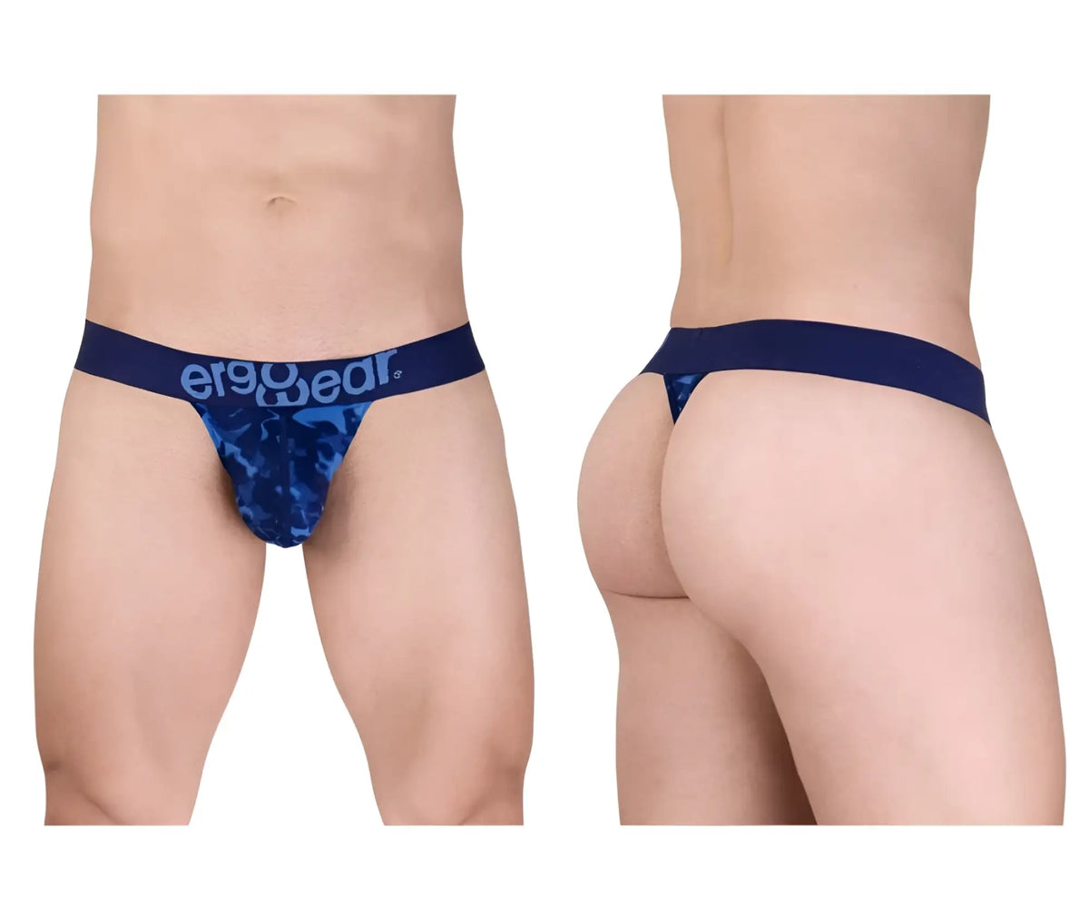Navy blue camouflage pattern thong with ergowear branding on waistband ew1718 max se camo g-string color blue back view