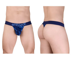 Navy blue camouflage pattern thong with ergowear branding on waistband ew1718 max se camo g-string color blue back view
