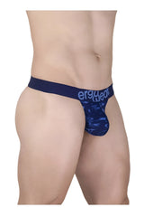Navy blue camouflage patterned ergo wear ew1718 max se g string thong with branded waistband shown from the back