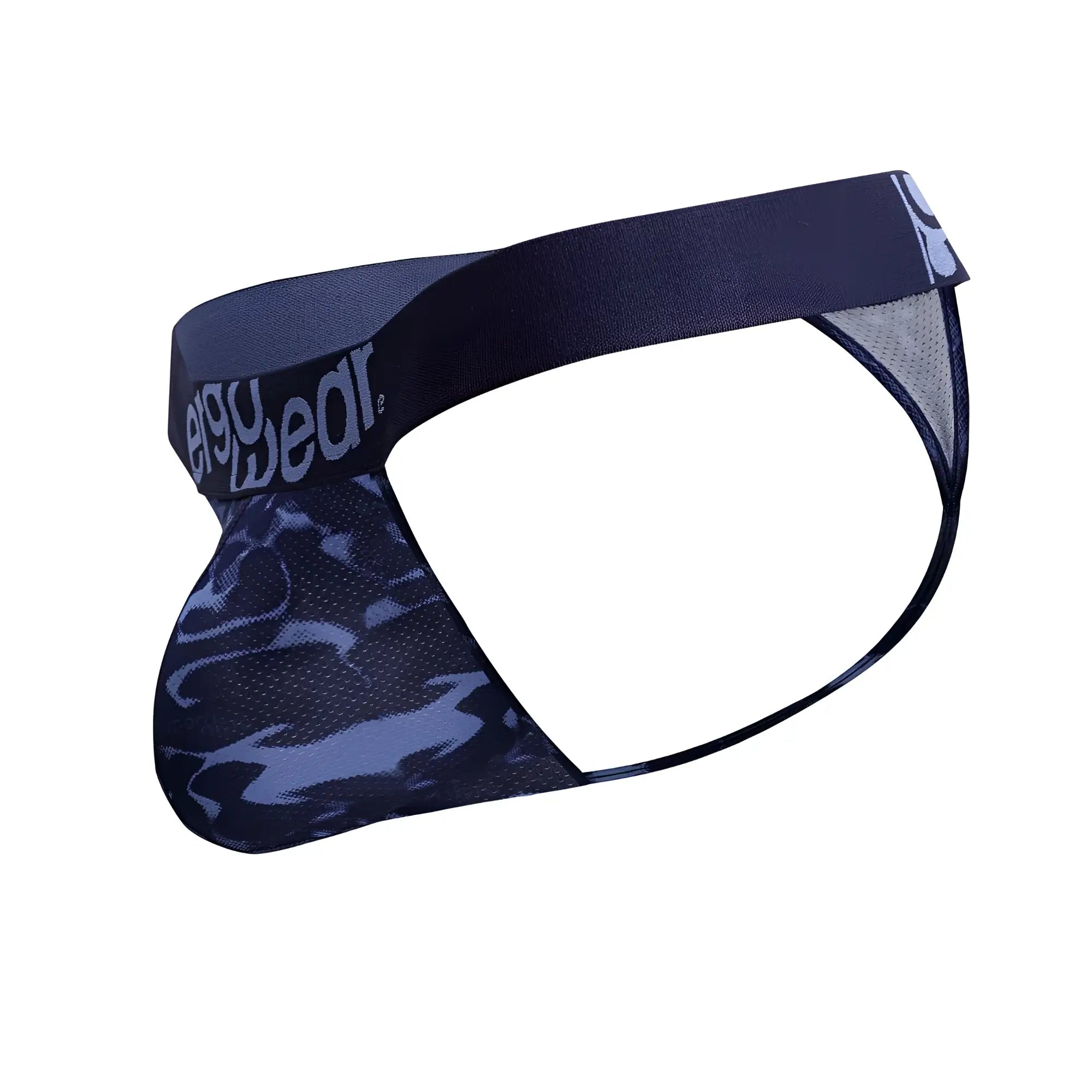 Navy blue and light blue camouflage mens briefs with stretchy waistband featuring eggy wear logo ergo wear ew1718 max se camo g-string