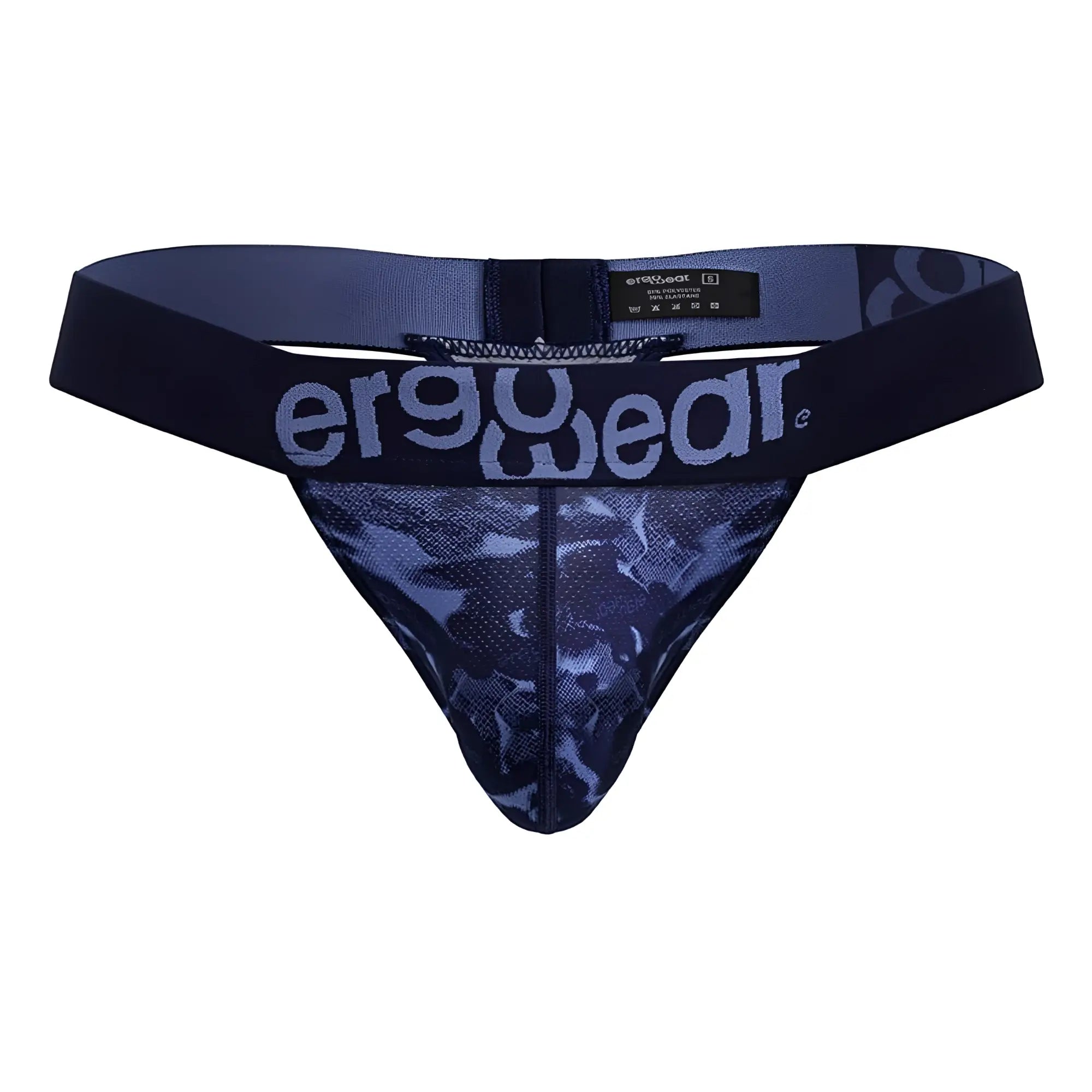 Navy blue mesh thong with subtle camouflage pattern and light gray ergowear logo on waistband from ErgoWear EW1718 Max SE