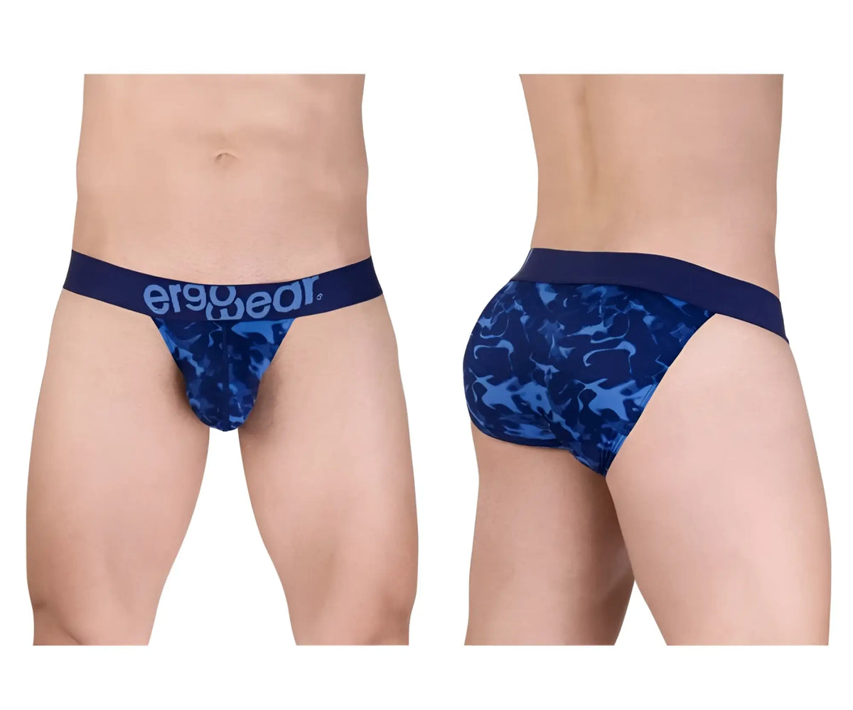 Blue camouflage-patterned men’s briefs with navy ergowear waistband ergowear ew1719 max se camo bikini blue