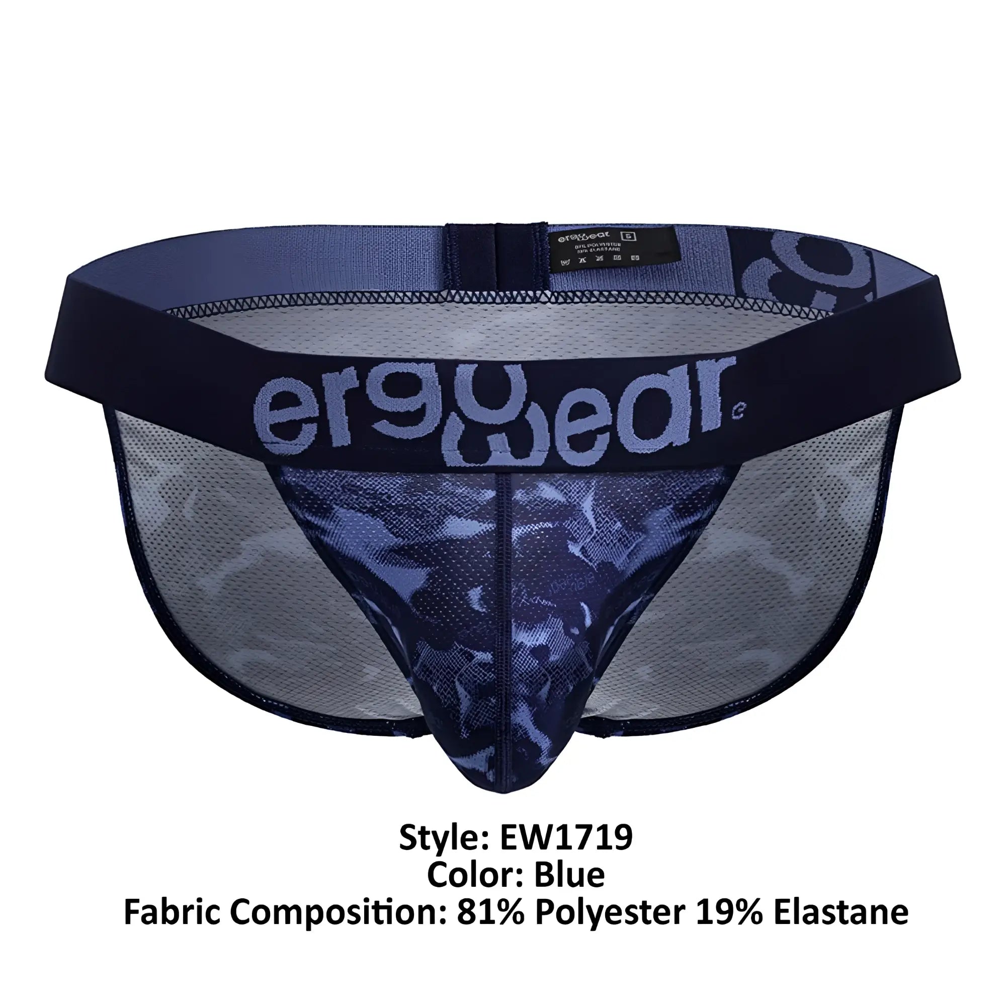 Blue ergoWear ew1719 max se camo bikini briefs with ergonomic mesh and black trim in camouflage pattern