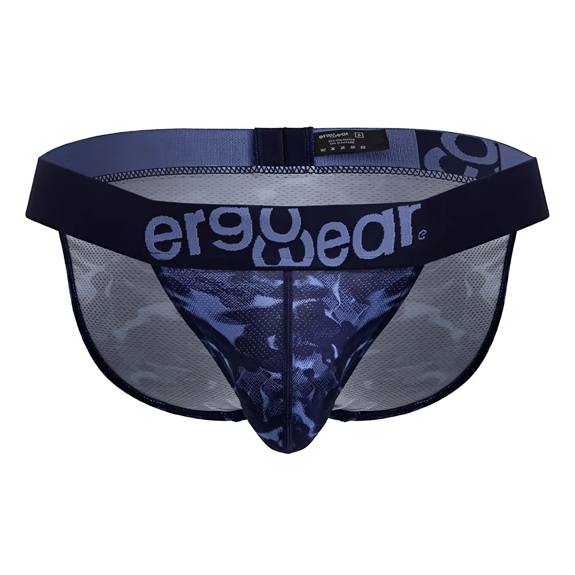 Navy blue and gray camouflage ergonomic briefs with mesh design and branded waistband by ergowear ew1719 max se camo bikini