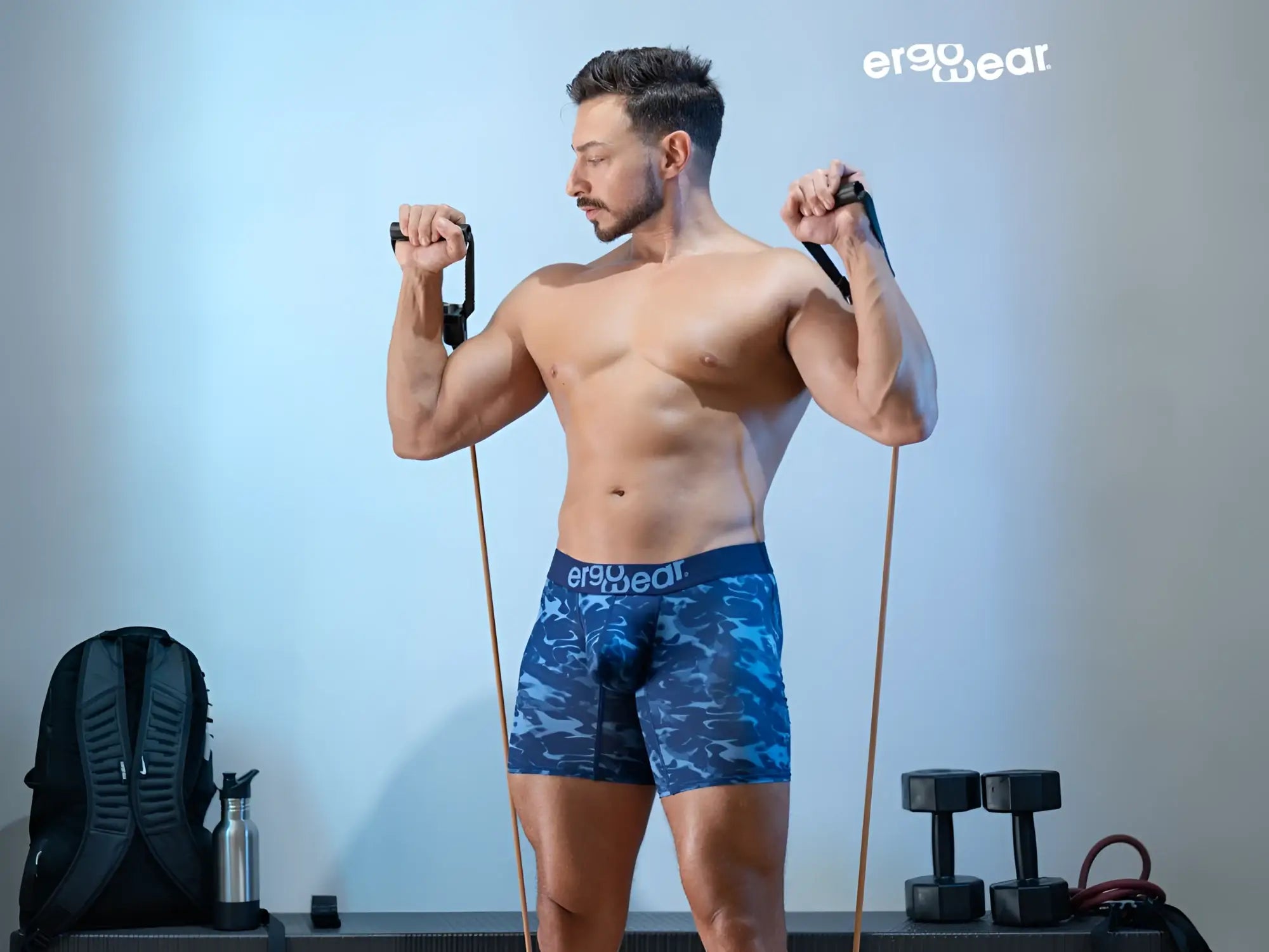 Blue camouflage patterned ergo wear ew1721 max se camo boxer briefs showing the front side in soft fabric