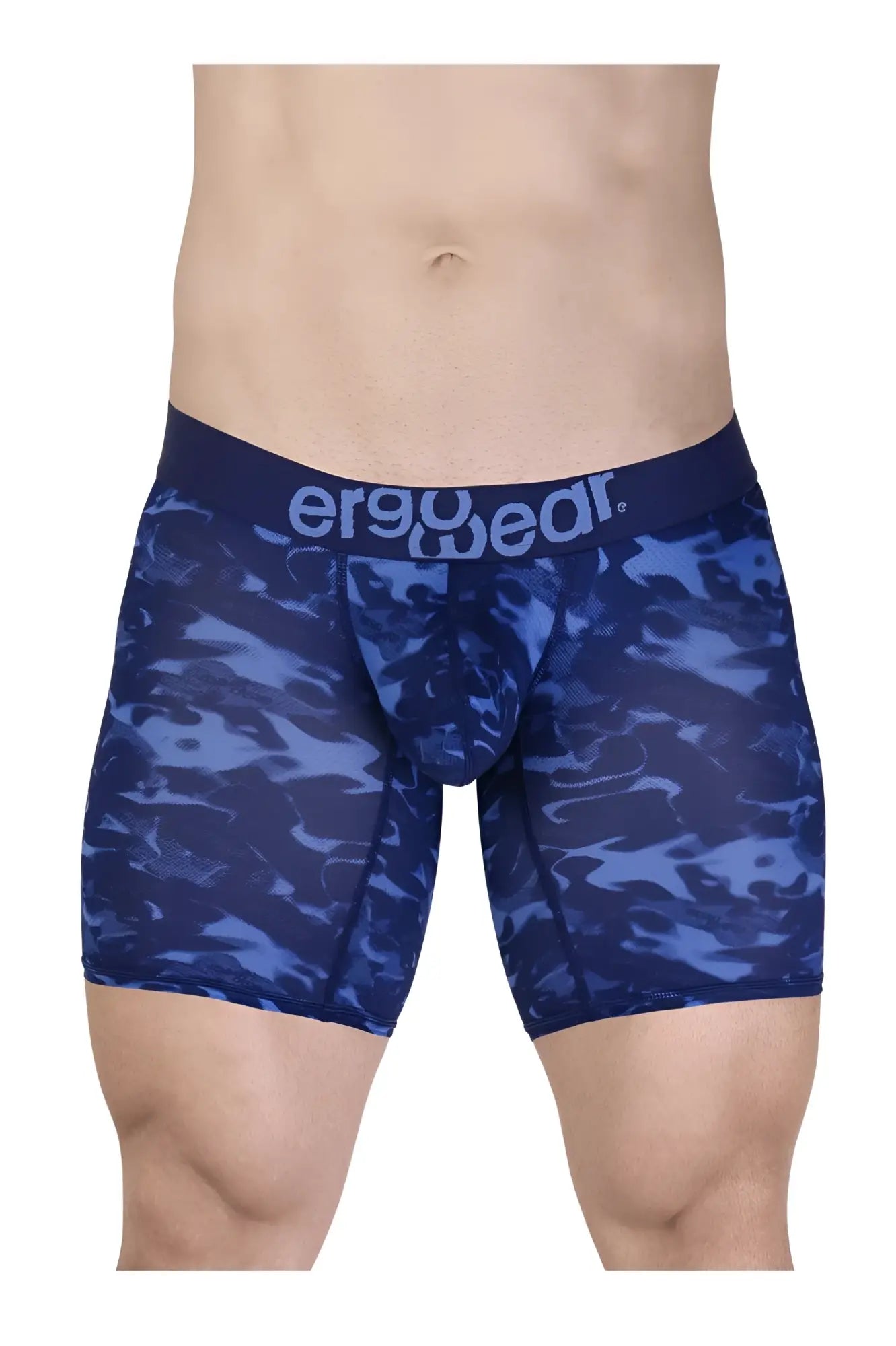 Blue camouflage patterned men’s boxer briefs with dark blue ergowear waistband from EW1721 MAX SE CAMO collection