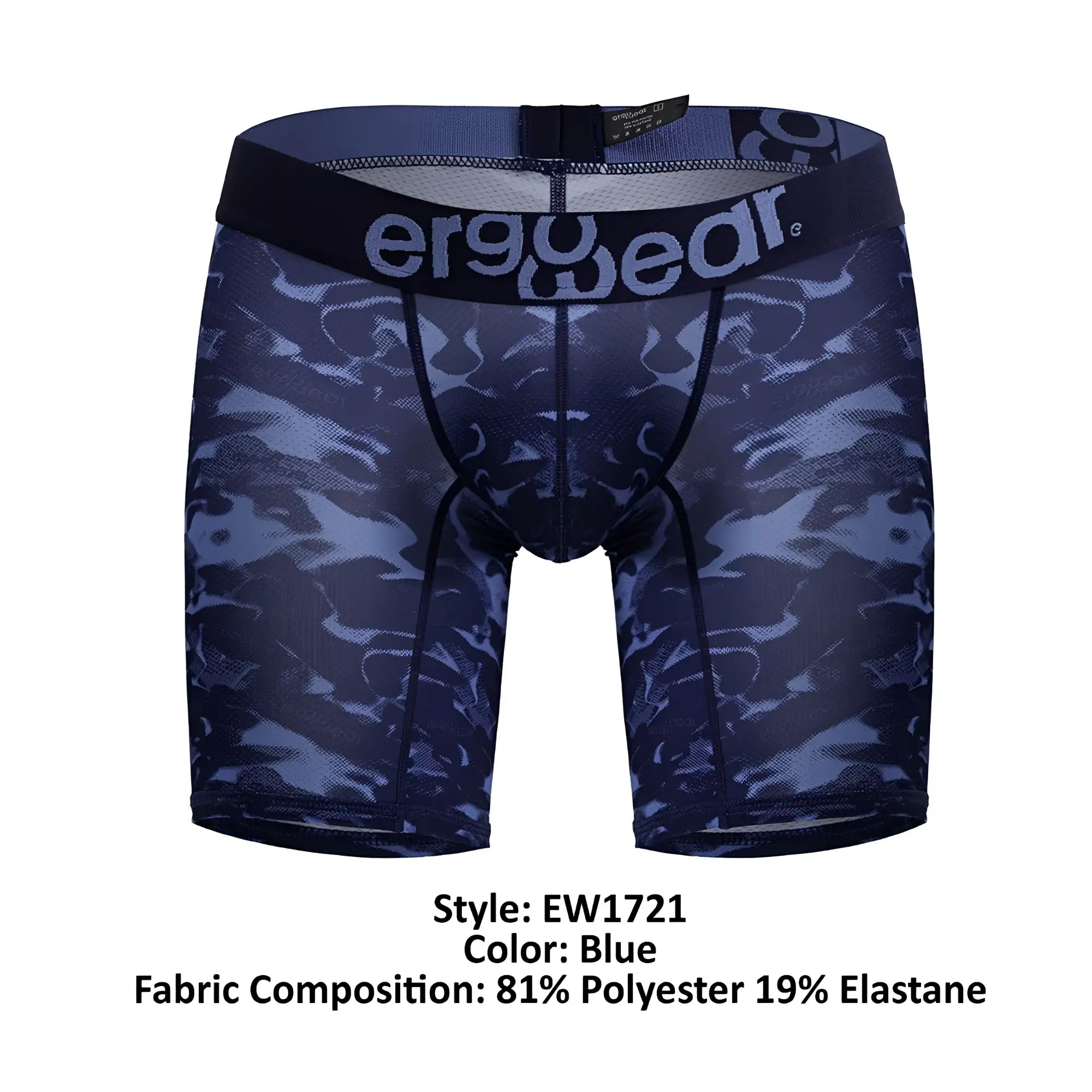 Blue camouflage patterned mens boxer briefs with black ergowear waistband ergonomic fit and breathable fabric