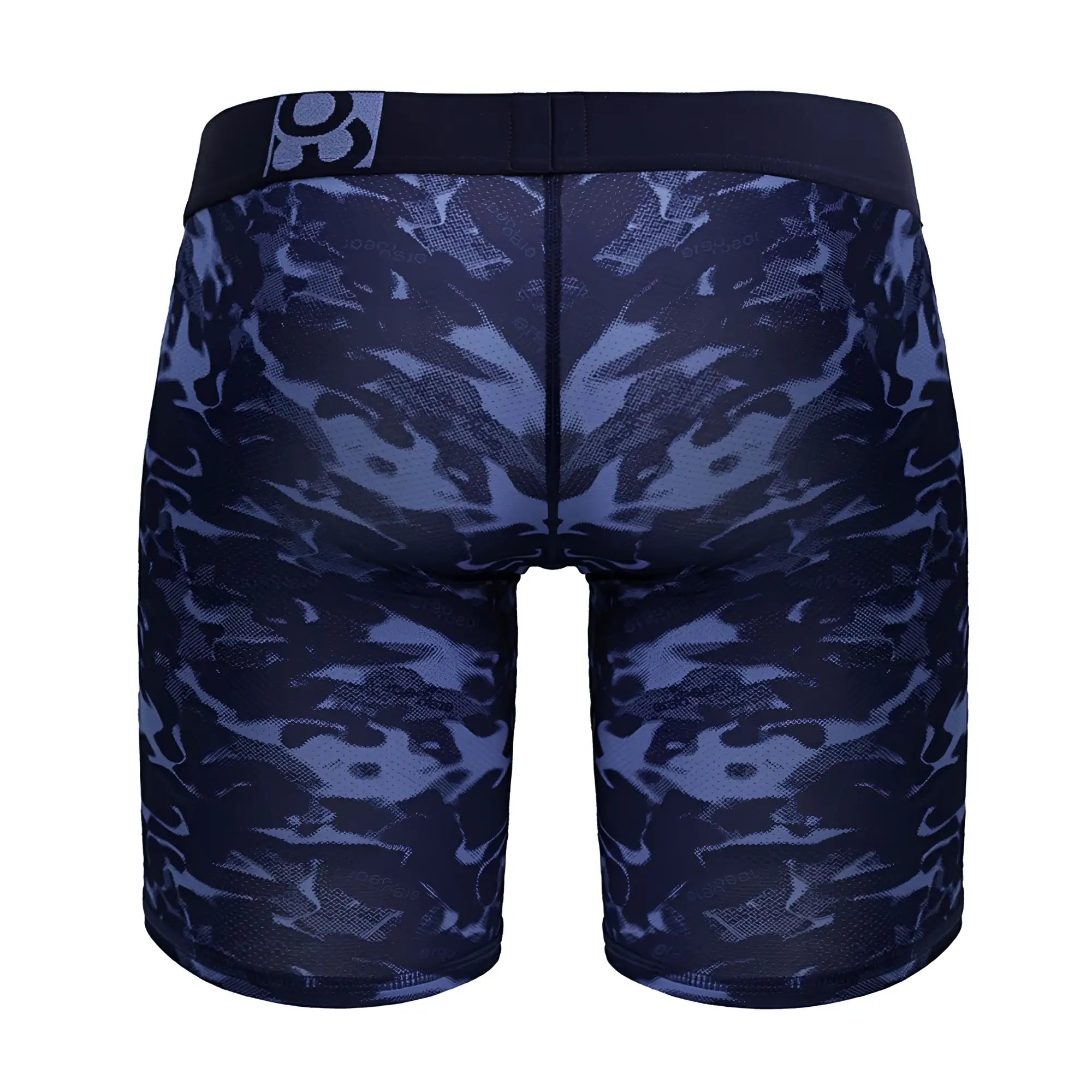 Dark blue and black camouflage pattern ergoWear ew1721 max se camo boxer briefs with solid black waistband and white logo