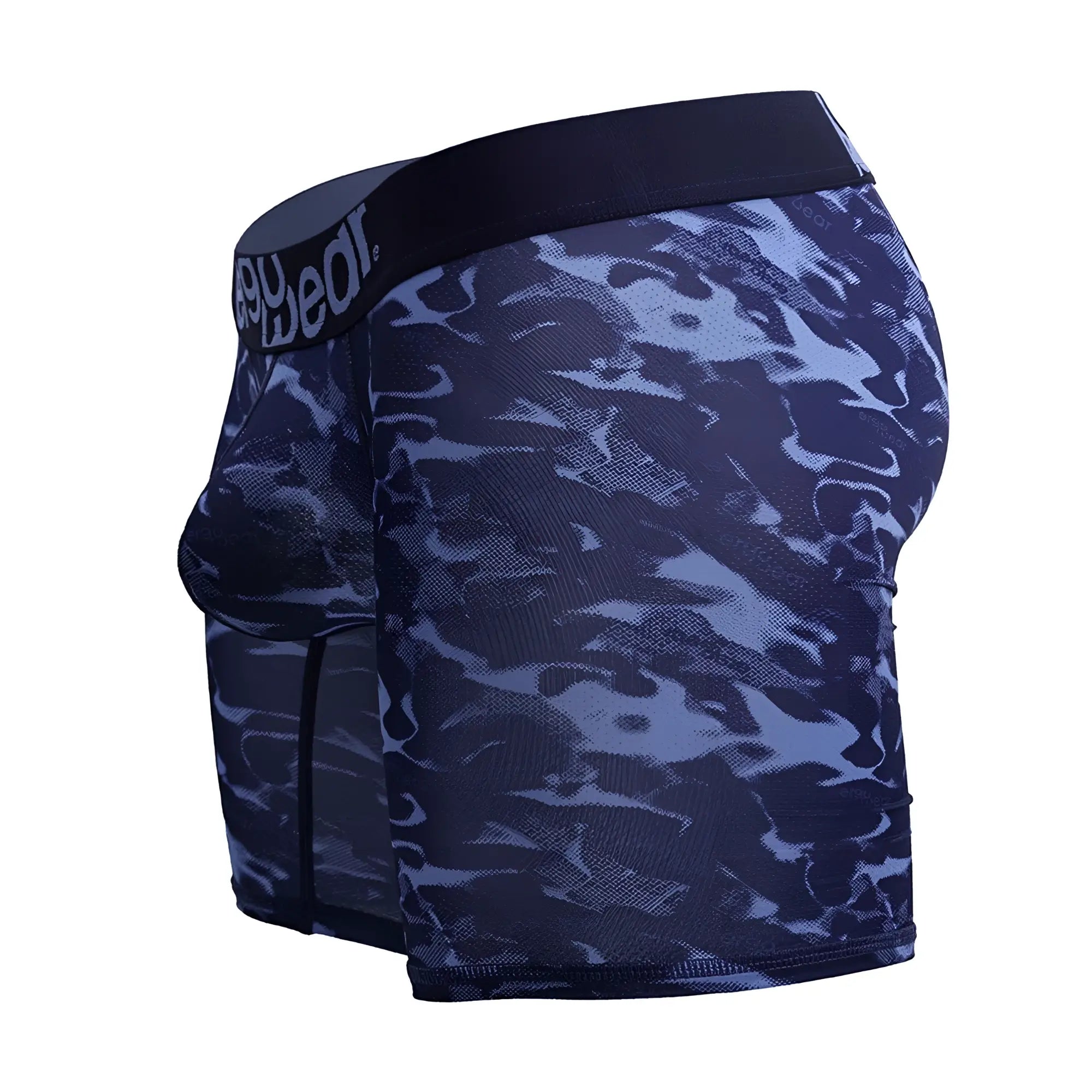 ErgoWear ew1721 max se camo boxer briefs in dark and light blue camouflage with black waistband and sexybear logo