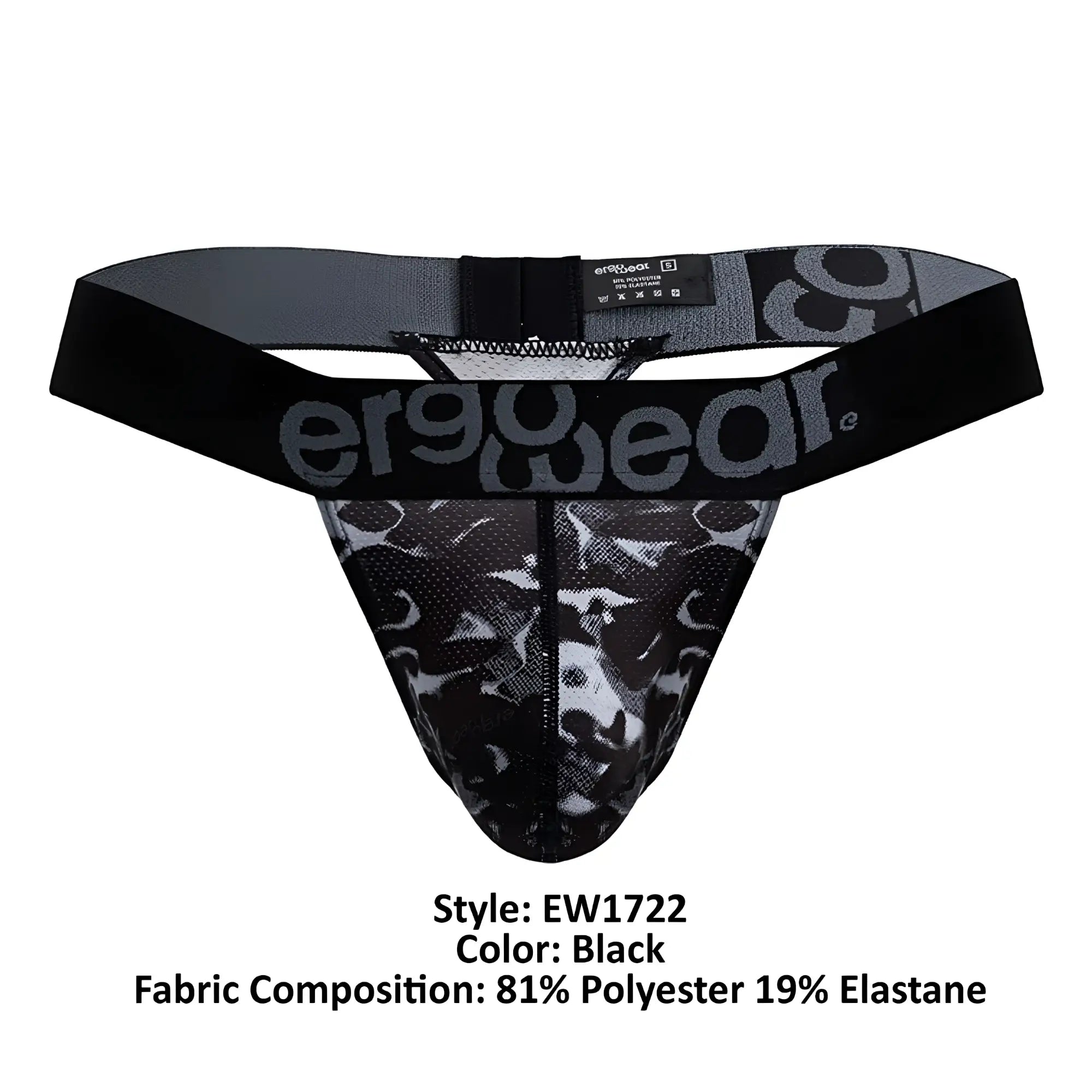 Black ergonomic brief with black and gray camouflage pattern and ergowear logo on waistband from ergowear ew1722 max se camo g-string