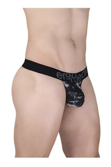 Black and gray camouflage patterned thong with solid black waistband featuring ergo wear brand name in white lettering
