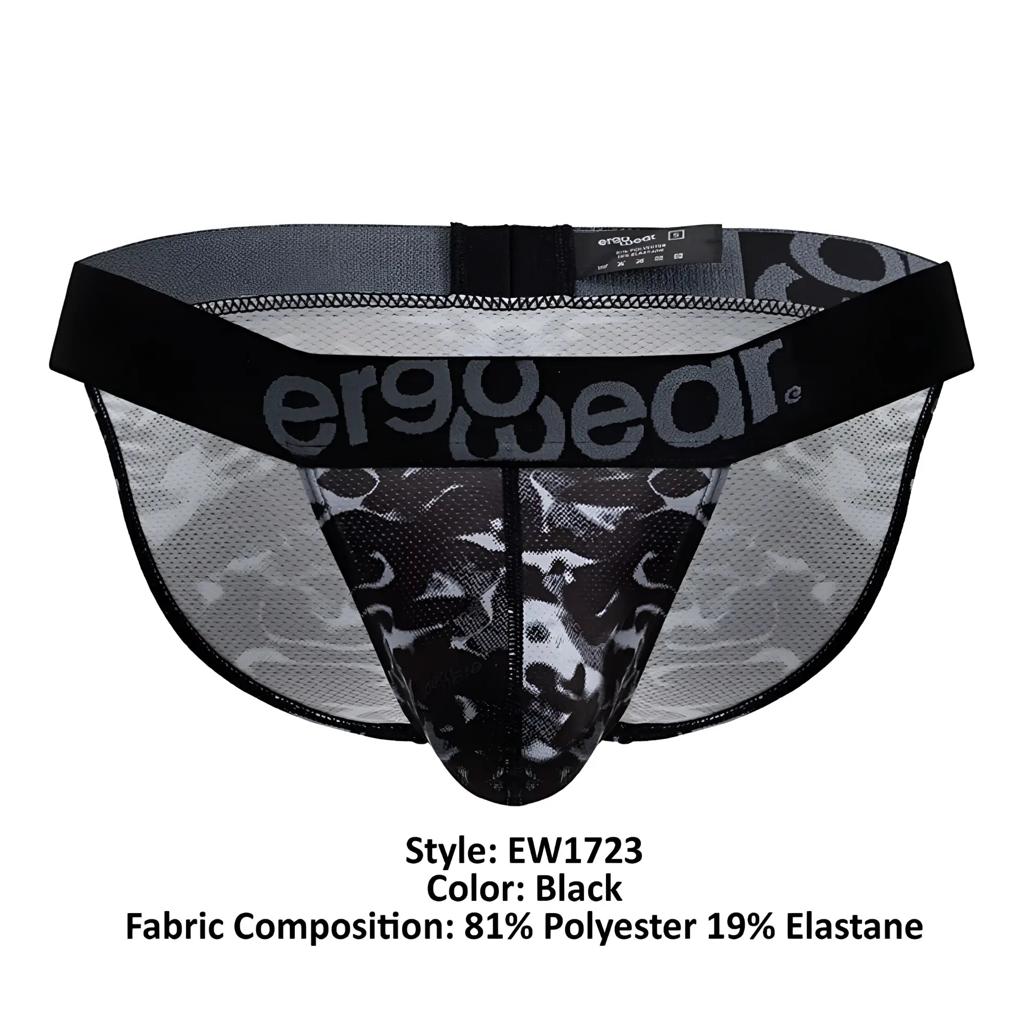Black ergonomic briefs with camo pattern and mesh fabric featuring ergowear logo on waistband front view