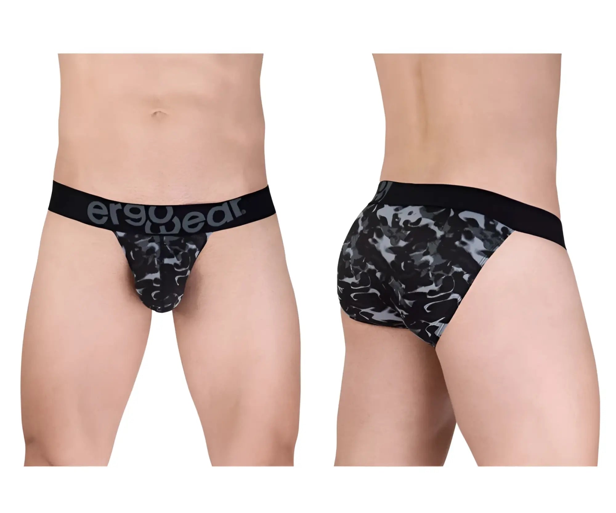 Black and gray camouflage patterned men’s briefs with black ergowear waistband ew1723 max se camo bikini black