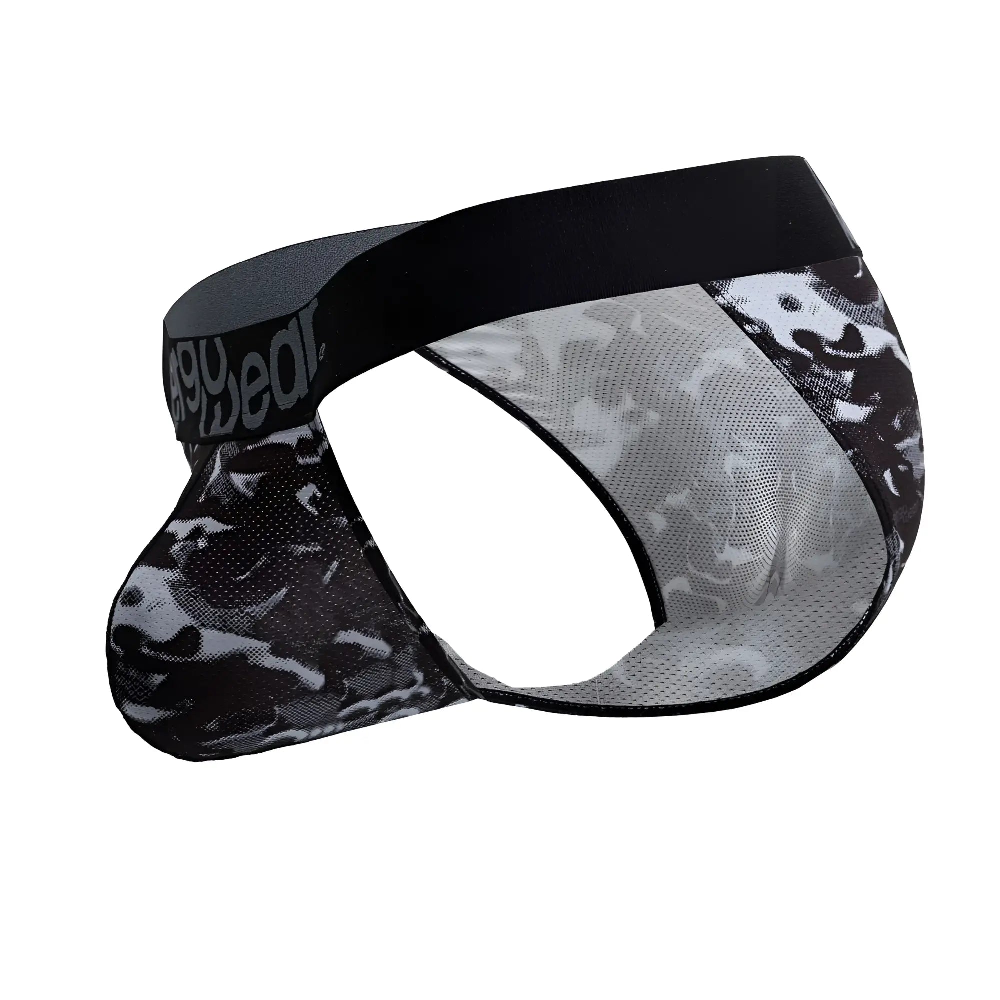 ErgoWear EW1723 MAX SE camo bikini briefs in black with black elastic waistband and black gray mesh camouflage pattern