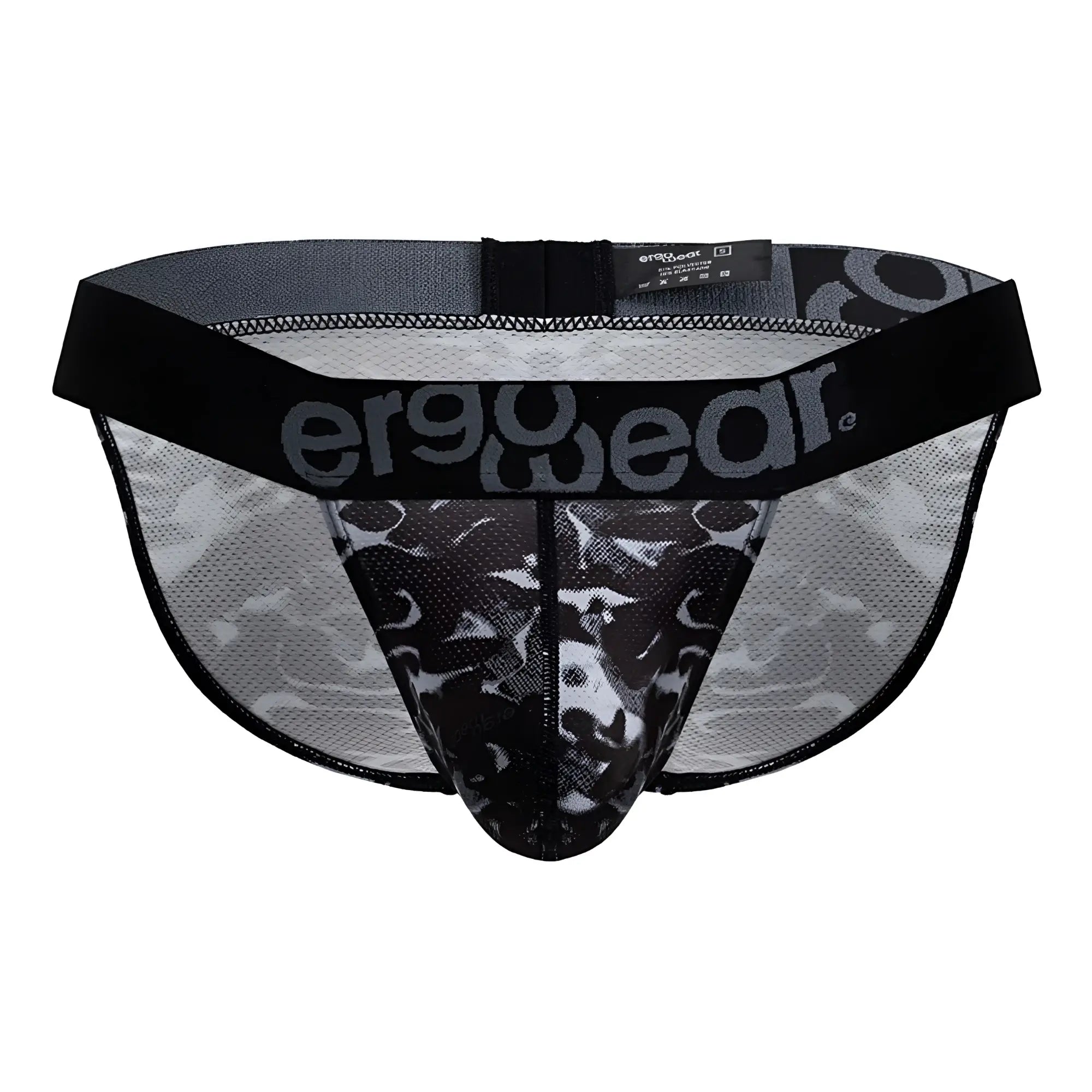 Ergo wear ew1723 max se camo bikini briefs black mesh fabric with gray camouflage and black logo waistband