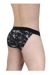 Ergo wear ew1723 max se camo bikini briefs in black with gray camouflage pattern and solid black waistband