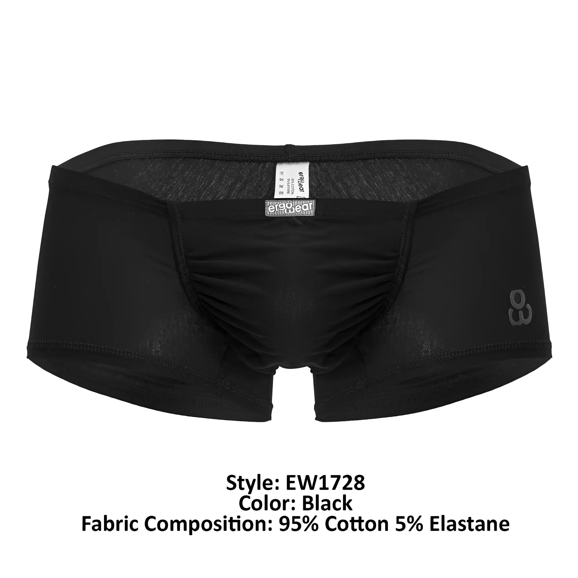 Black ergowear cotton trunks with subtle textured pattern and elastic waistband labeled ergogear model ew1728 feel gr8