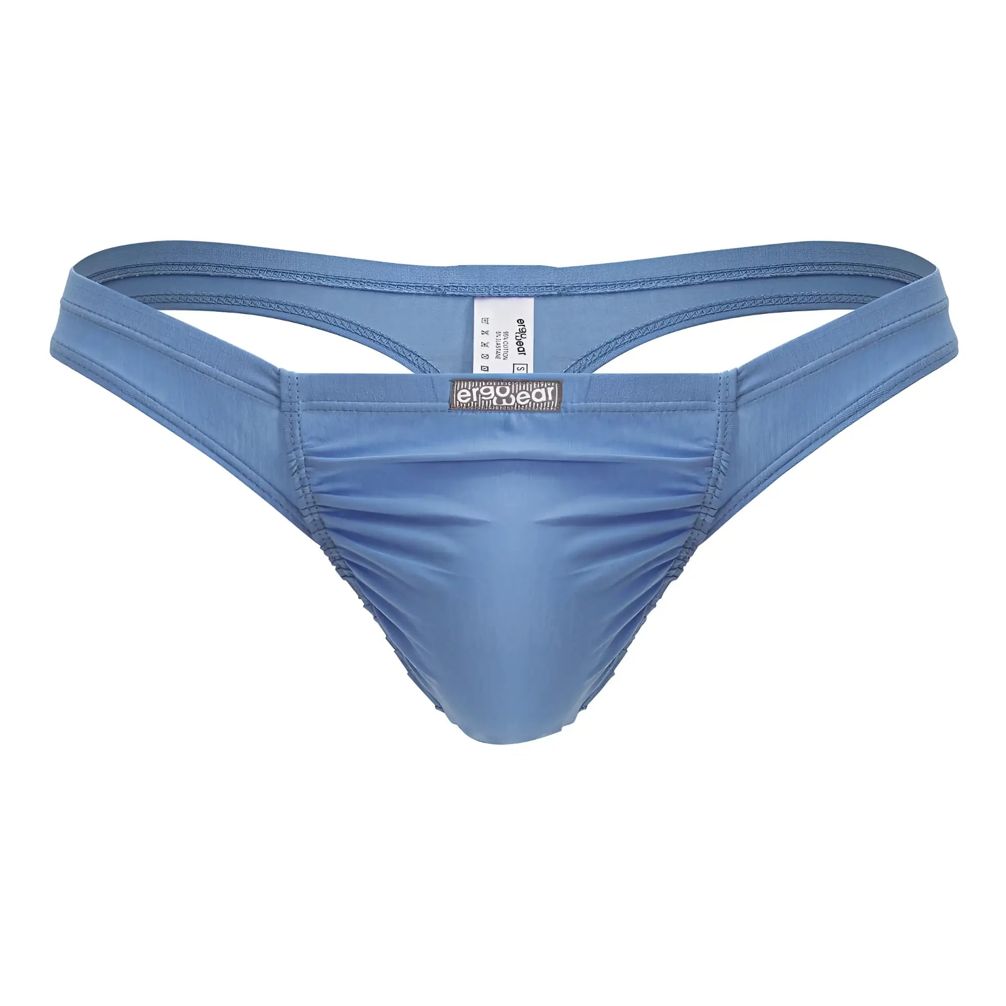 Light blue stretchy cotton thong by Ergowear with central ruched design and thin straps, front view