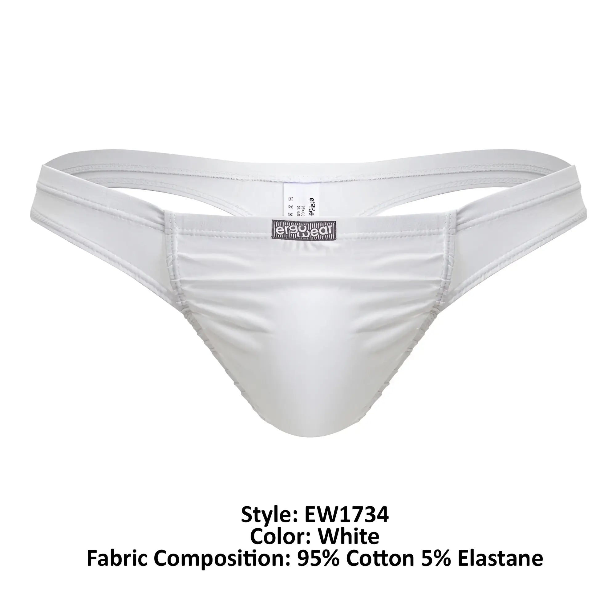 ErgoWear ew1734 feel gr8 white cotton thong for men with smooth satin finish and subtle seam detail along leg openings