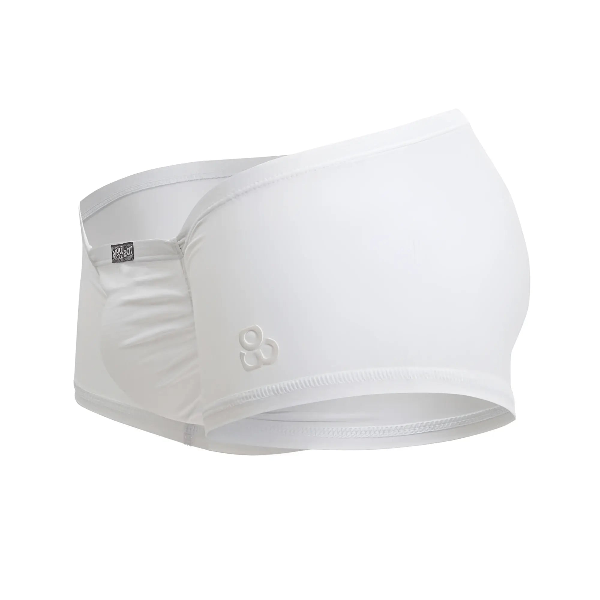 White seamless cotton maternity trunks with soft elastic waistband and subtle ergo wear logo on the side