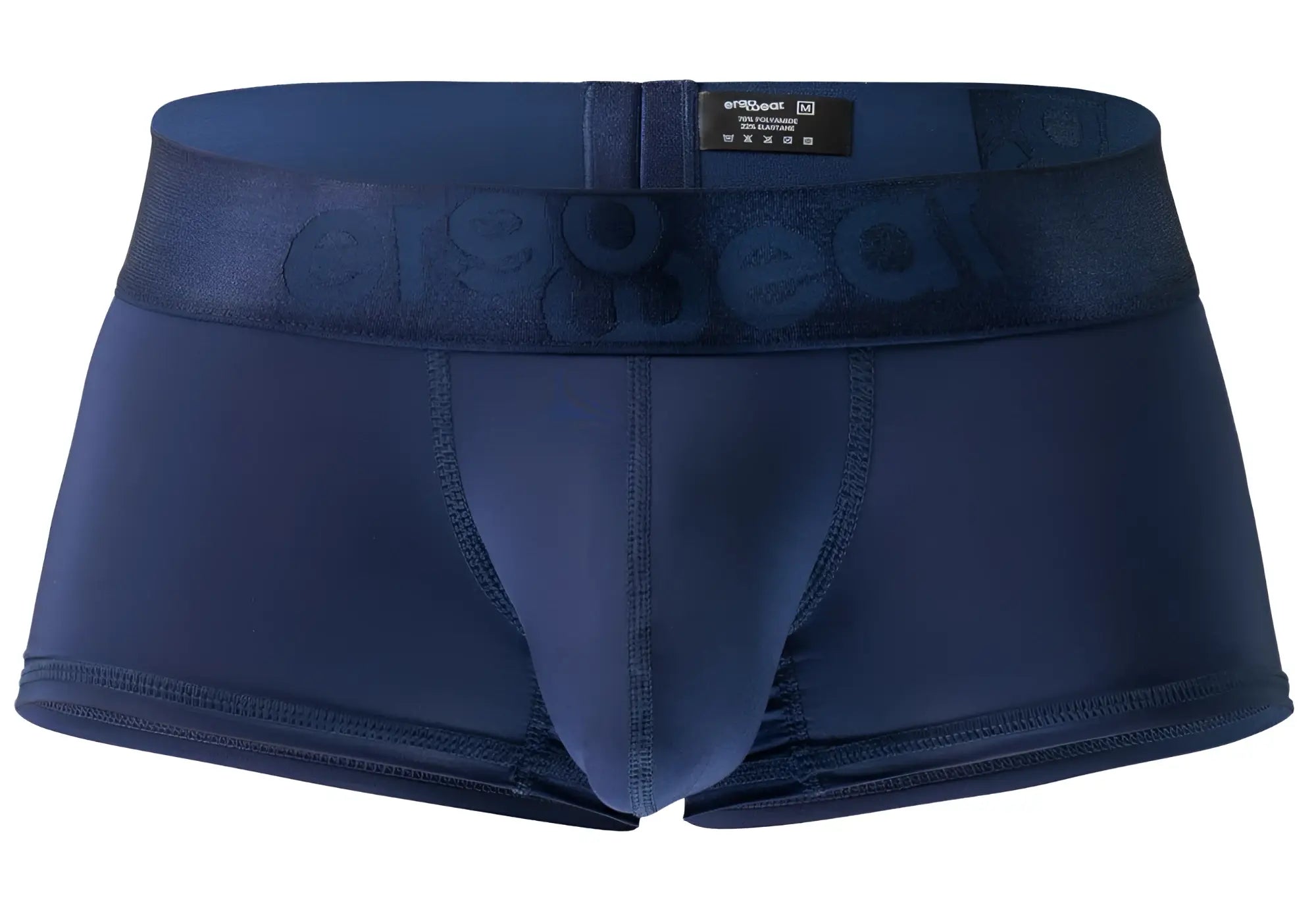 Dark blue ergo wear ew1740 max bold men’s boxer briefs with embossed logo waistband and reinforced leg stitching