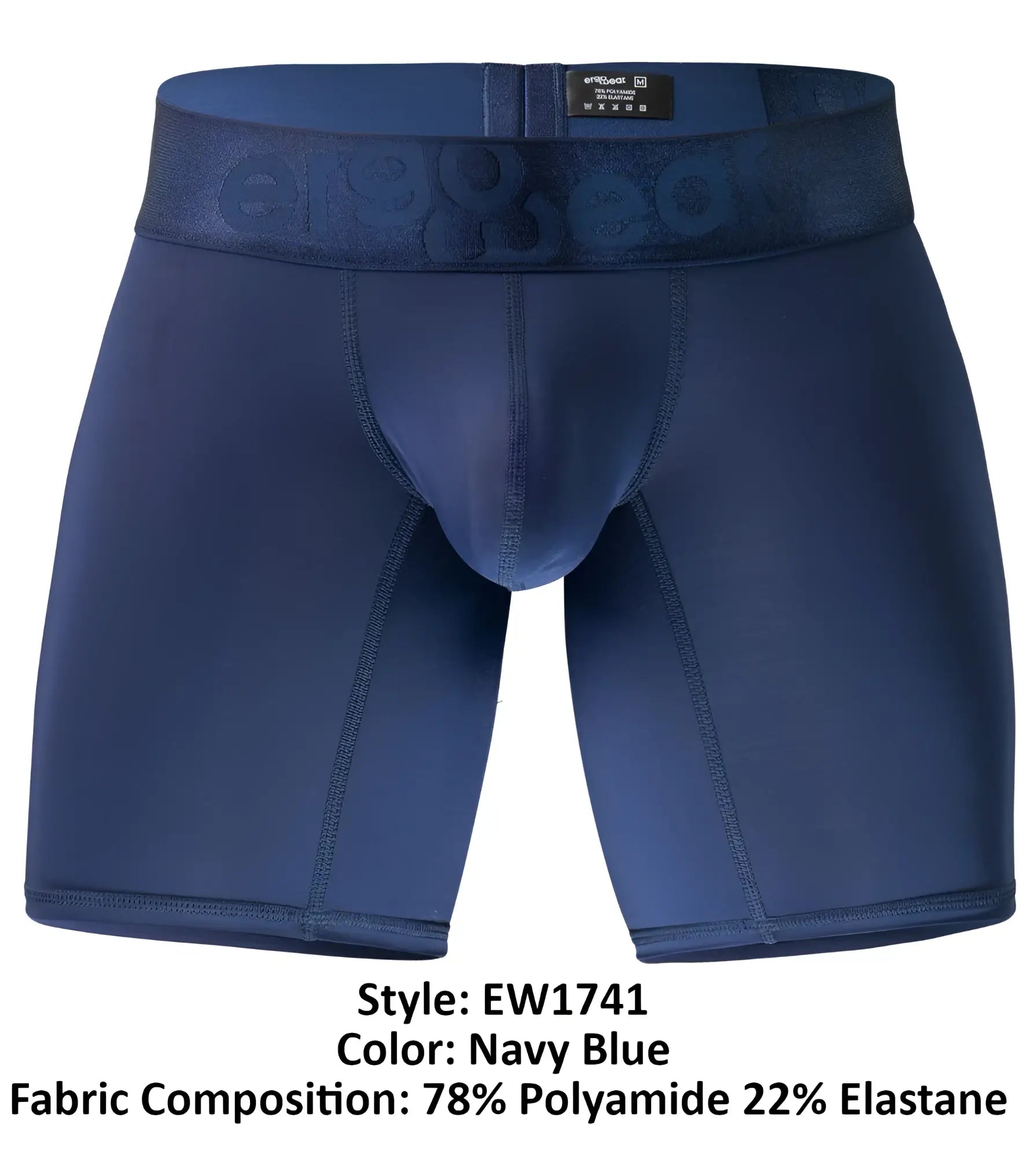 Navy blue ergewear ew1741 max bold boxer briefs with textured waistband and seamless construction front view