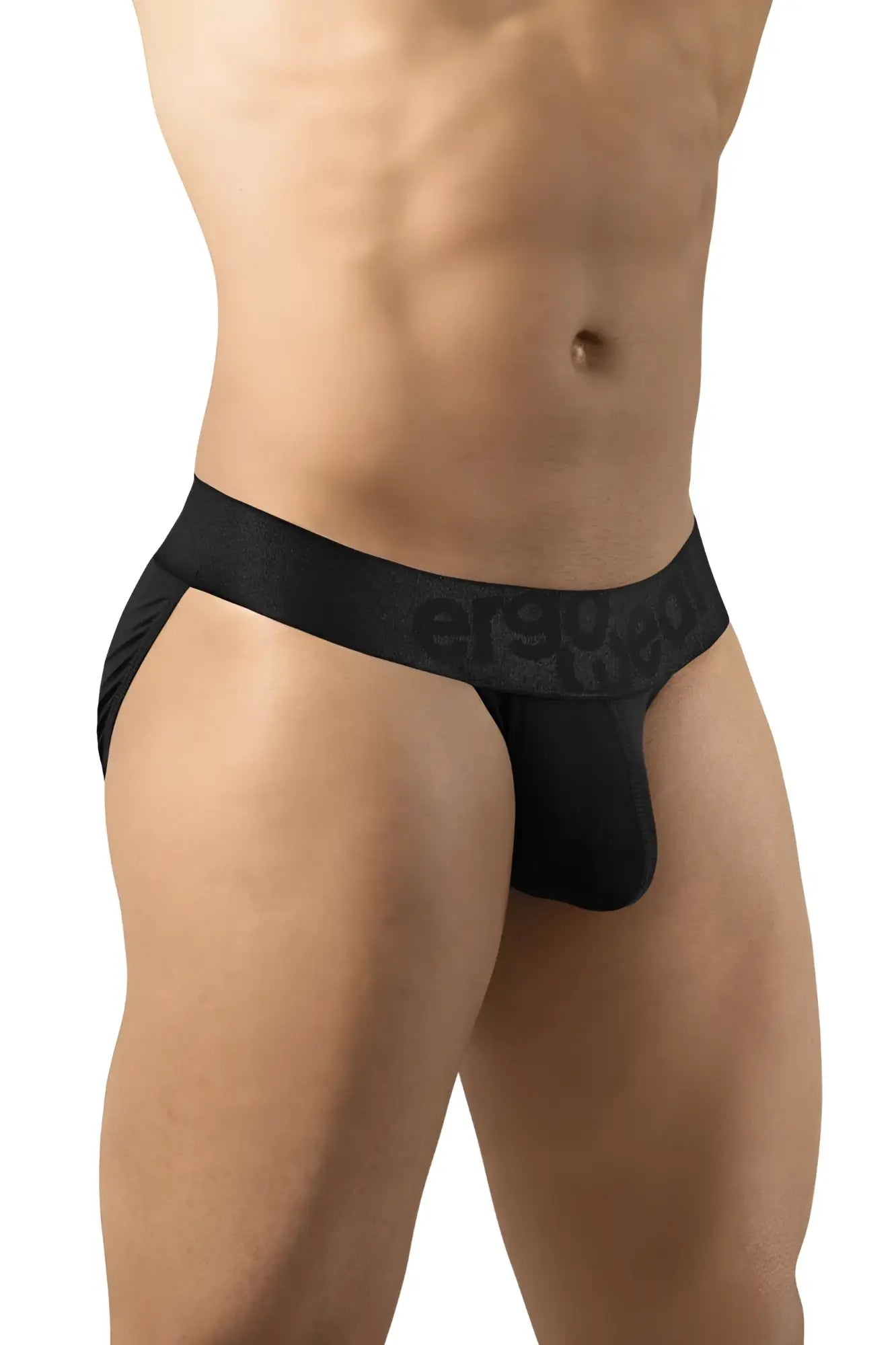 Black ergonomic briefs with a snug form-fitting design and eroge branding on waistband from ergowear ew1747 max bold bikini