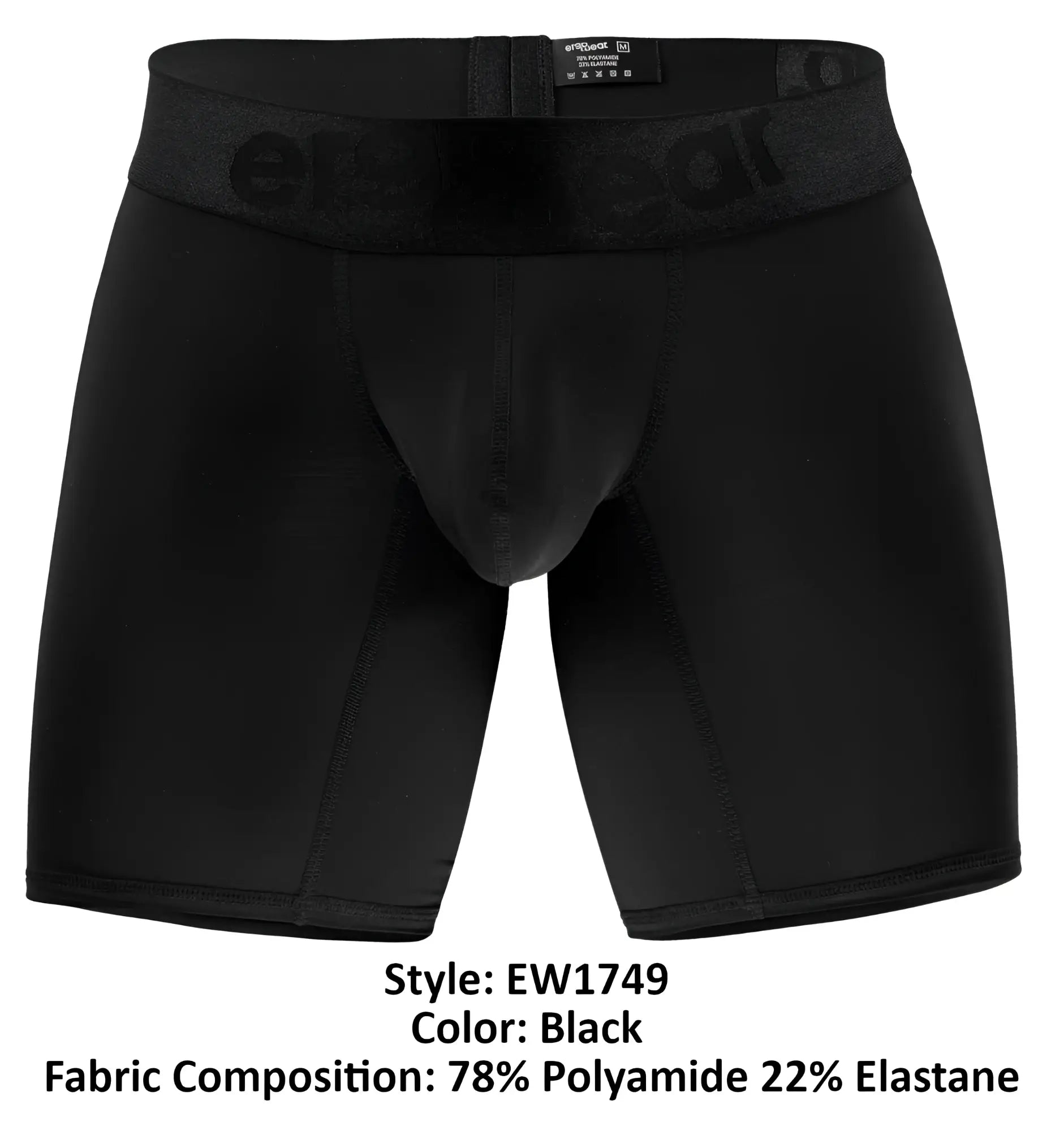 Black men’s ergoWear ew1749 MAX BOLD boxer briefs in black with subtle erectear logo made from polyamide and elastane