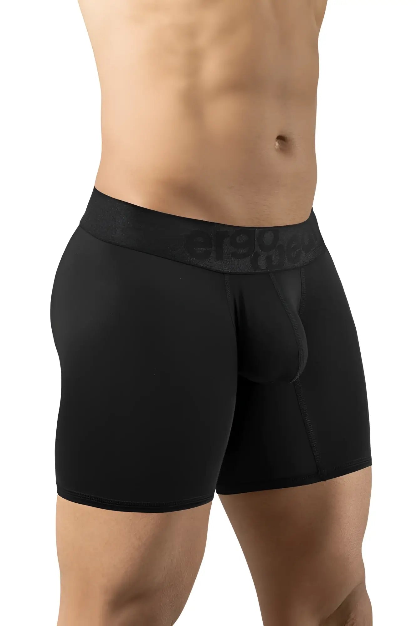 Black men’s ergo wear ew1749 max bold boxer briefs in black with textured waistband featuring etsy logo