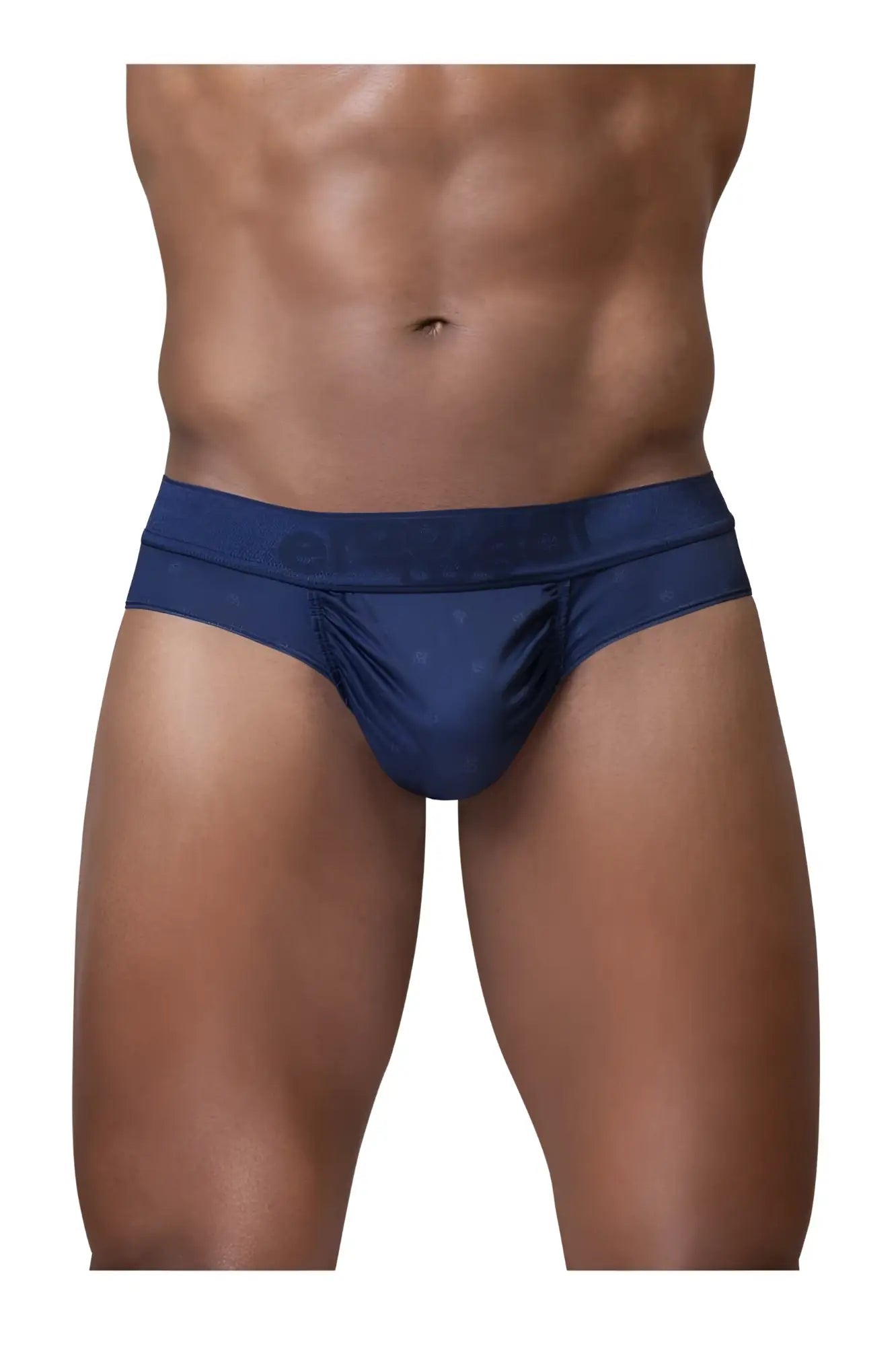 Navy blue satin briefs with subtle textured pattern and ergowear embroidered waistband in ew1750 feel se thong design