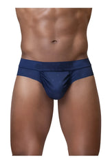 Dark blue satin-like ergoWear ew1751 feel se briefs with subtle pattern and cinnamon brand name on waistband