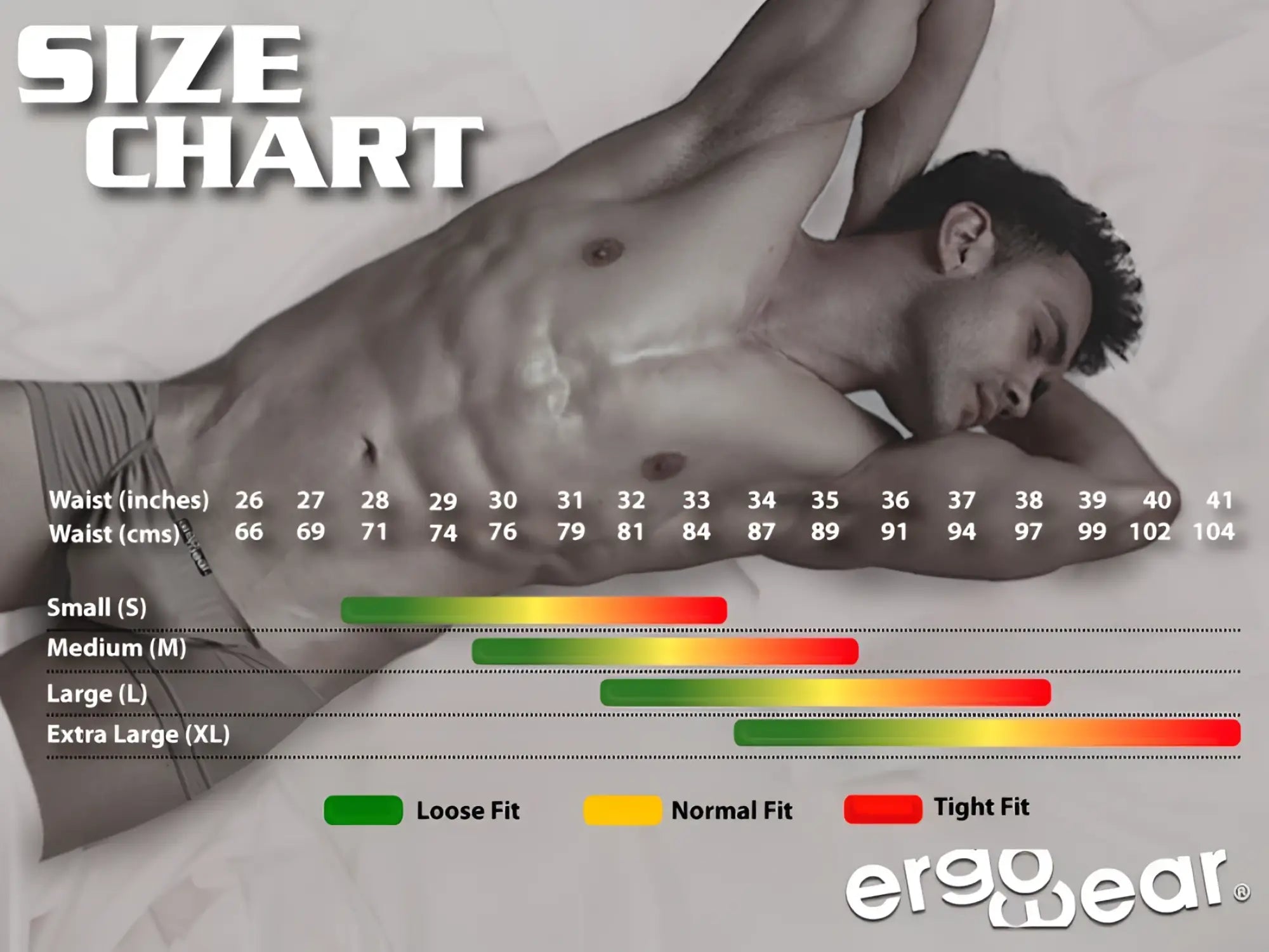 Size chart for ergowear ew1755 feel se briefs in royal blue with measurements in inches and centimeters from s to xl