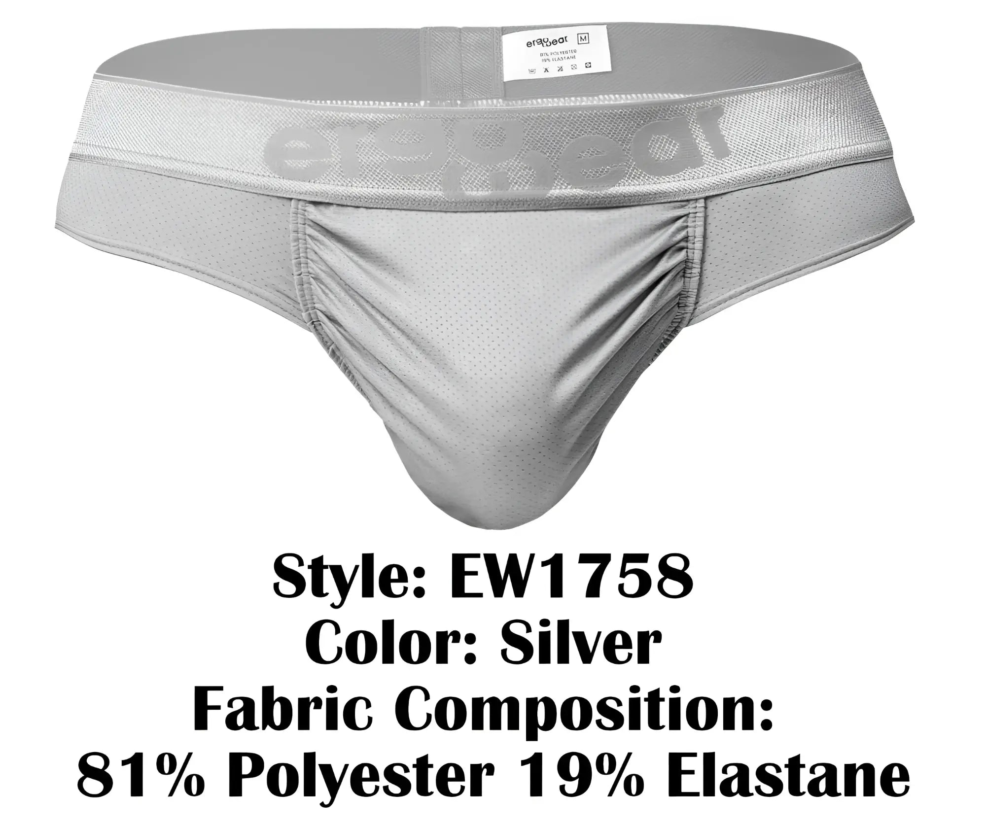 Silver mesh athletic briefs with branded waistband and ruched front panel by ergowear in silver color