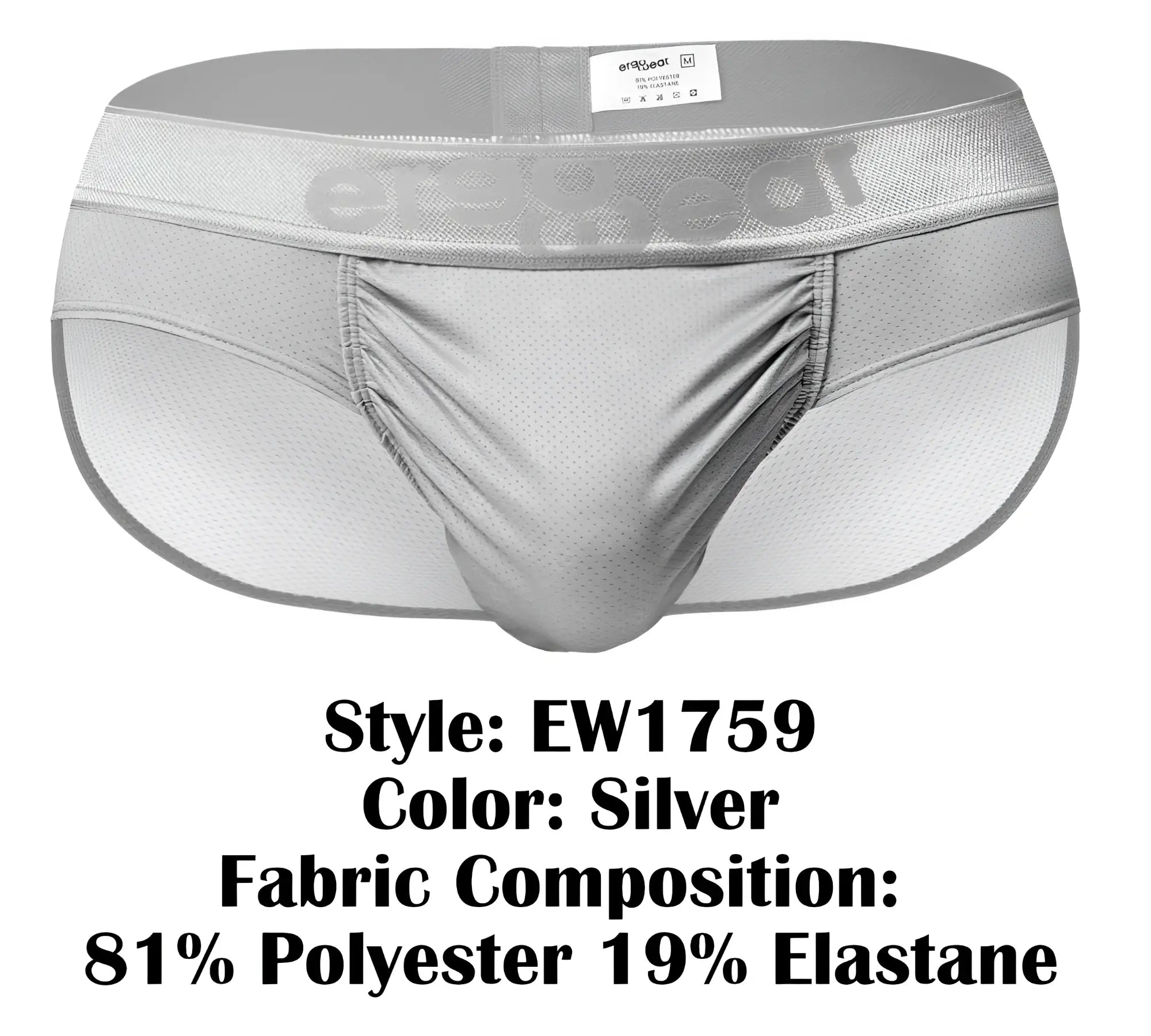 Silver athletic briefs with mesh fabric and elastic waistband featuring ergqeat brand logo ergoWear ew1759 feel se briefs