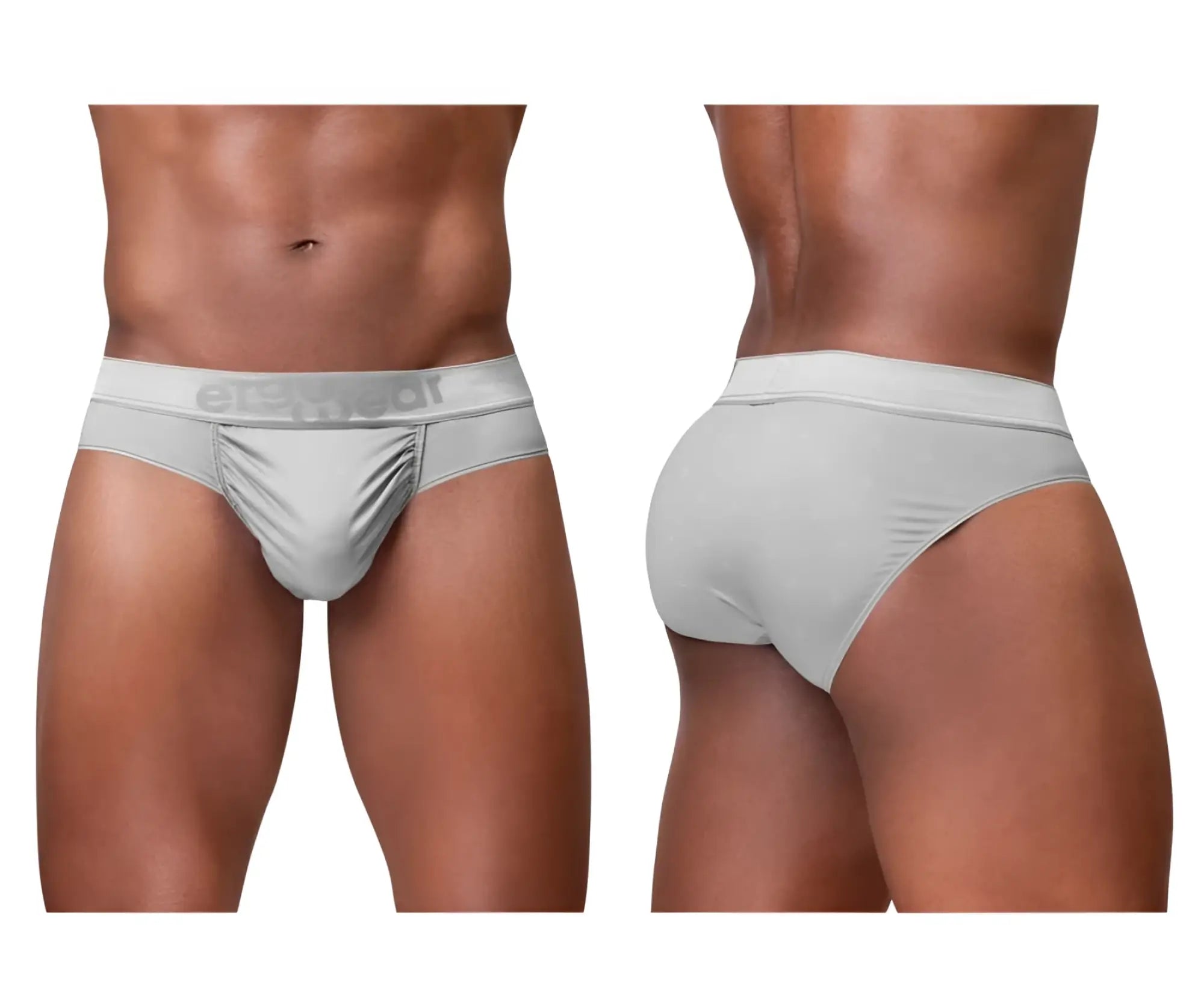Light gray men’s ergoWear ew1759 feel se briefs with subtle texture and erect brand name on waistband in silver color