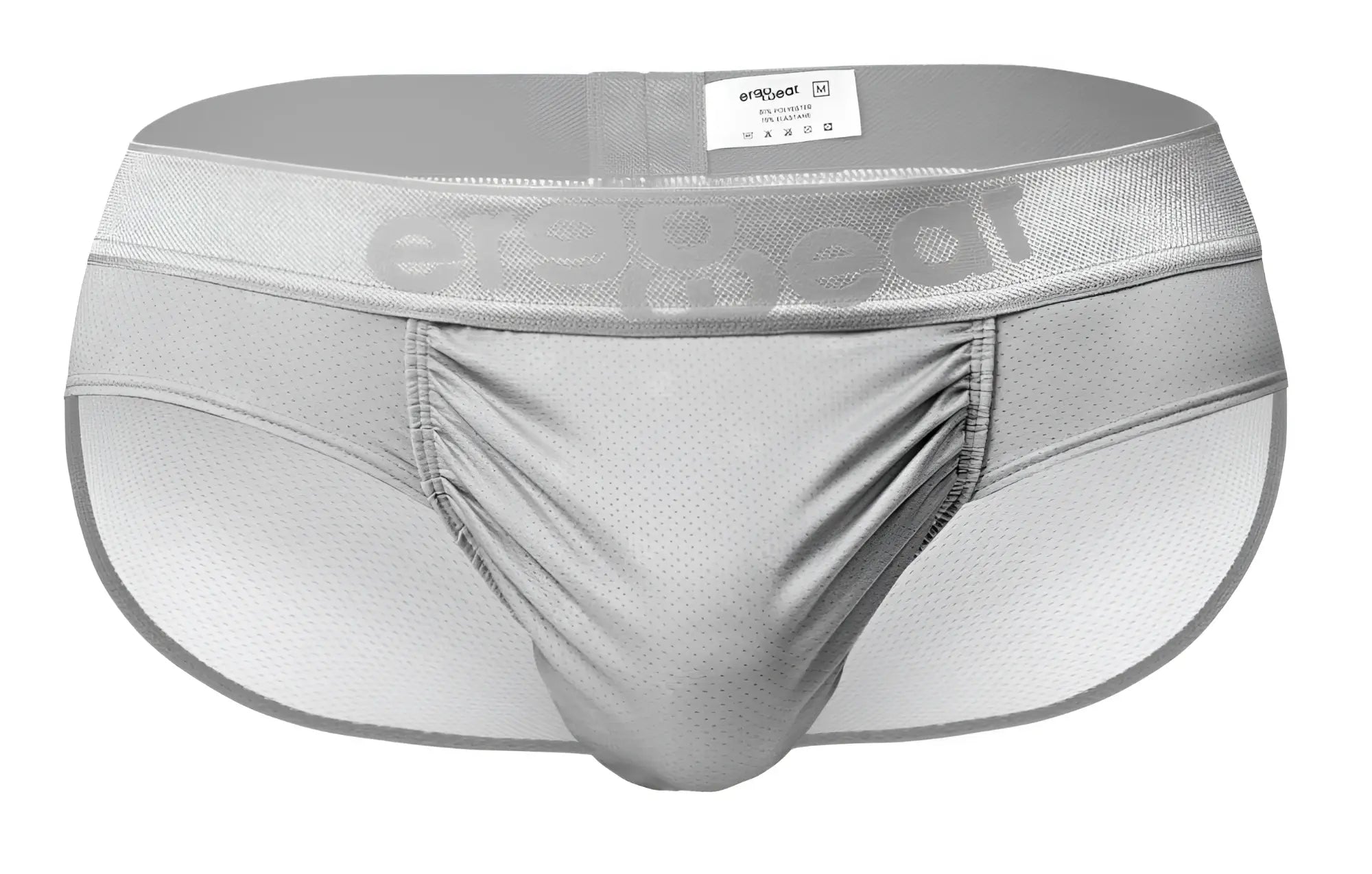 Silver mesh athletic briefs with a subtle embossed ergo wear logo on the waistband in the color silver