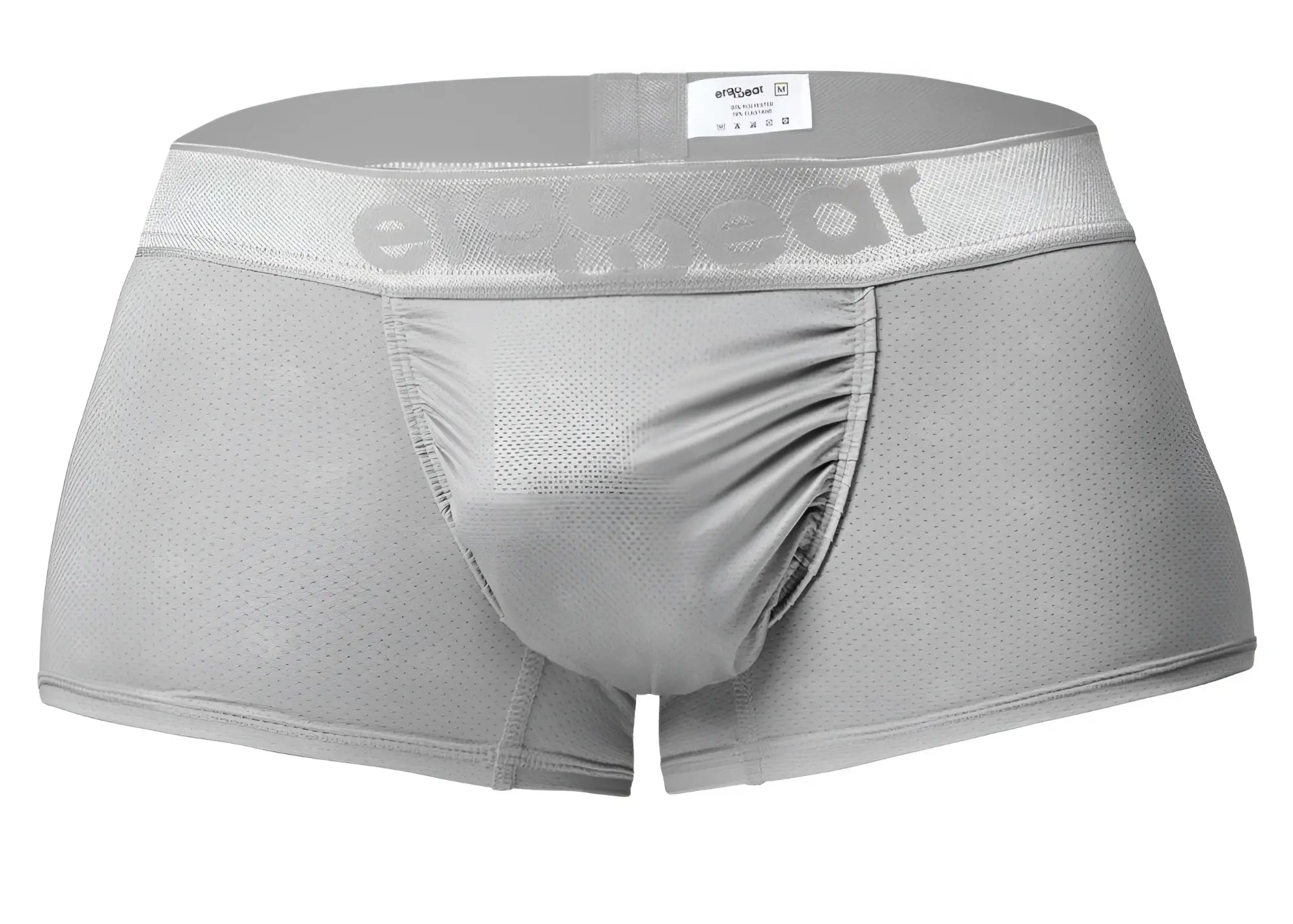 Gray mesh men’s ergo wear ew1760 feel se trunks in silver with subtle erectwear logo on waistband