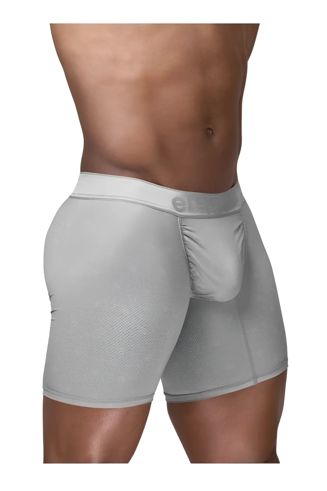 Gray ergoWear EW1761 feel SE boxer briefs with textured fabric and elastic waistband featuring e logo in silver