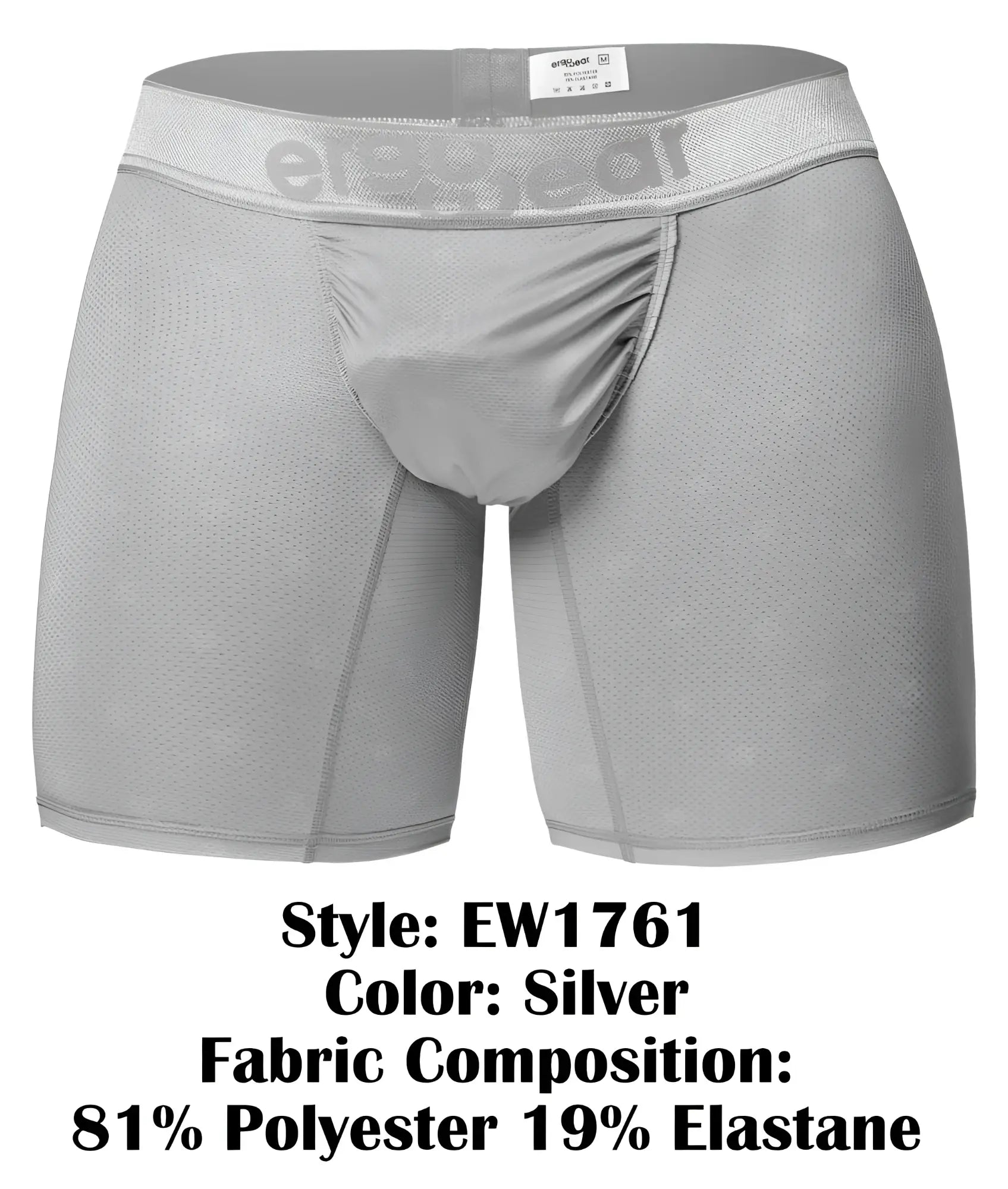 Silver mens boxer briefs with mesh texture and elastic waistband featuring elevated gear label by ergowear ew1761 feel se