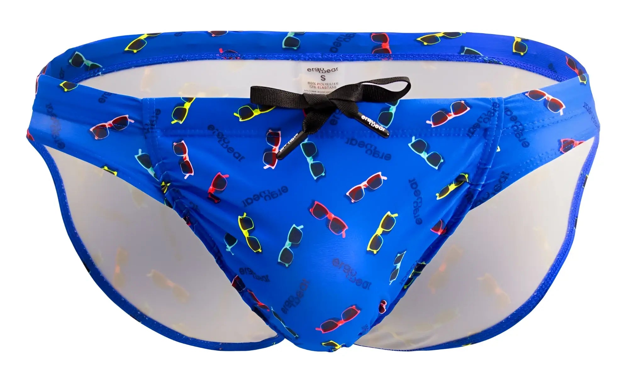 Blue ergoWear EW1764 FEEL SW swim briefs with colorful sunglasses pattern, transparent side panels, and black waistband bow
