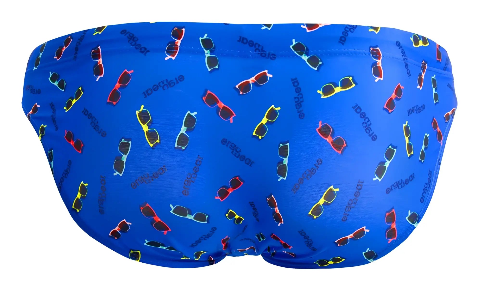 Blue ErgoWear EW1764 FEEL SW swim briefs with colorful sunglasses pattern and the word sunglasses for swimwear use